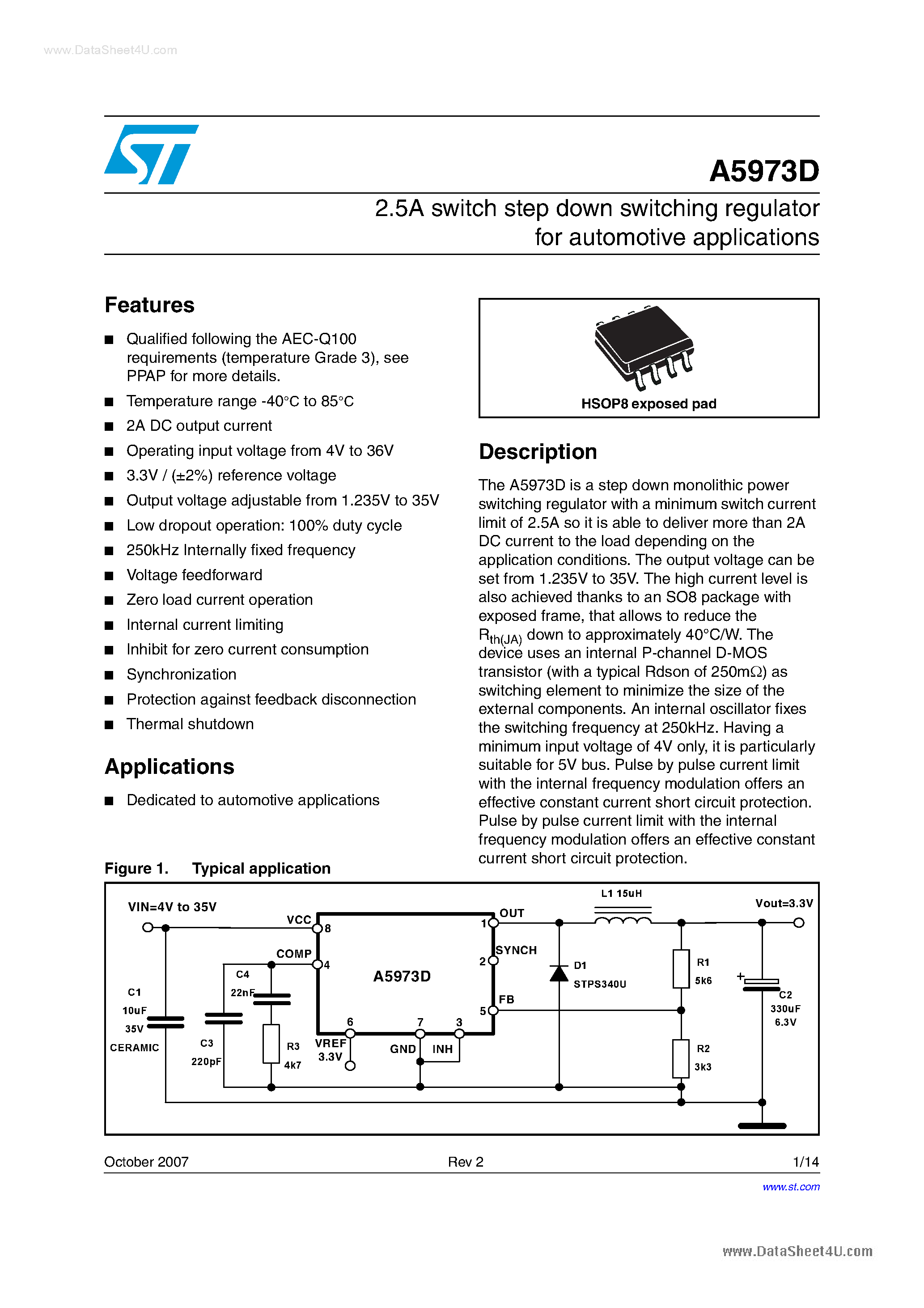 Даташит A5973D - 2.5A switch step down switching regulator страница 1
