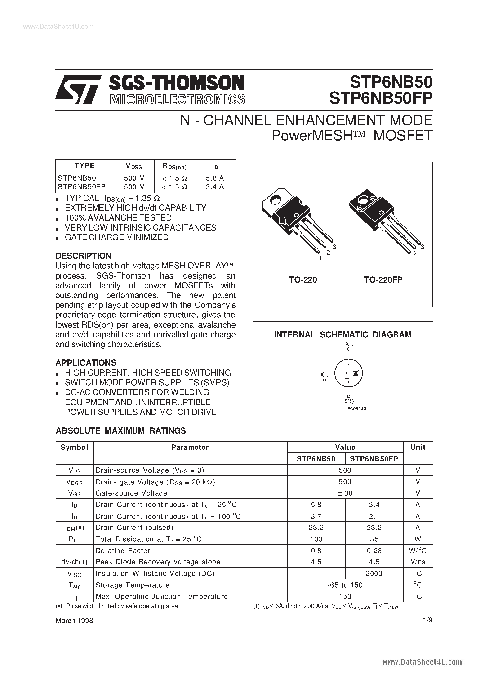 Datasheet P6NB50FP - Search -----> STP6NB50FP page 1