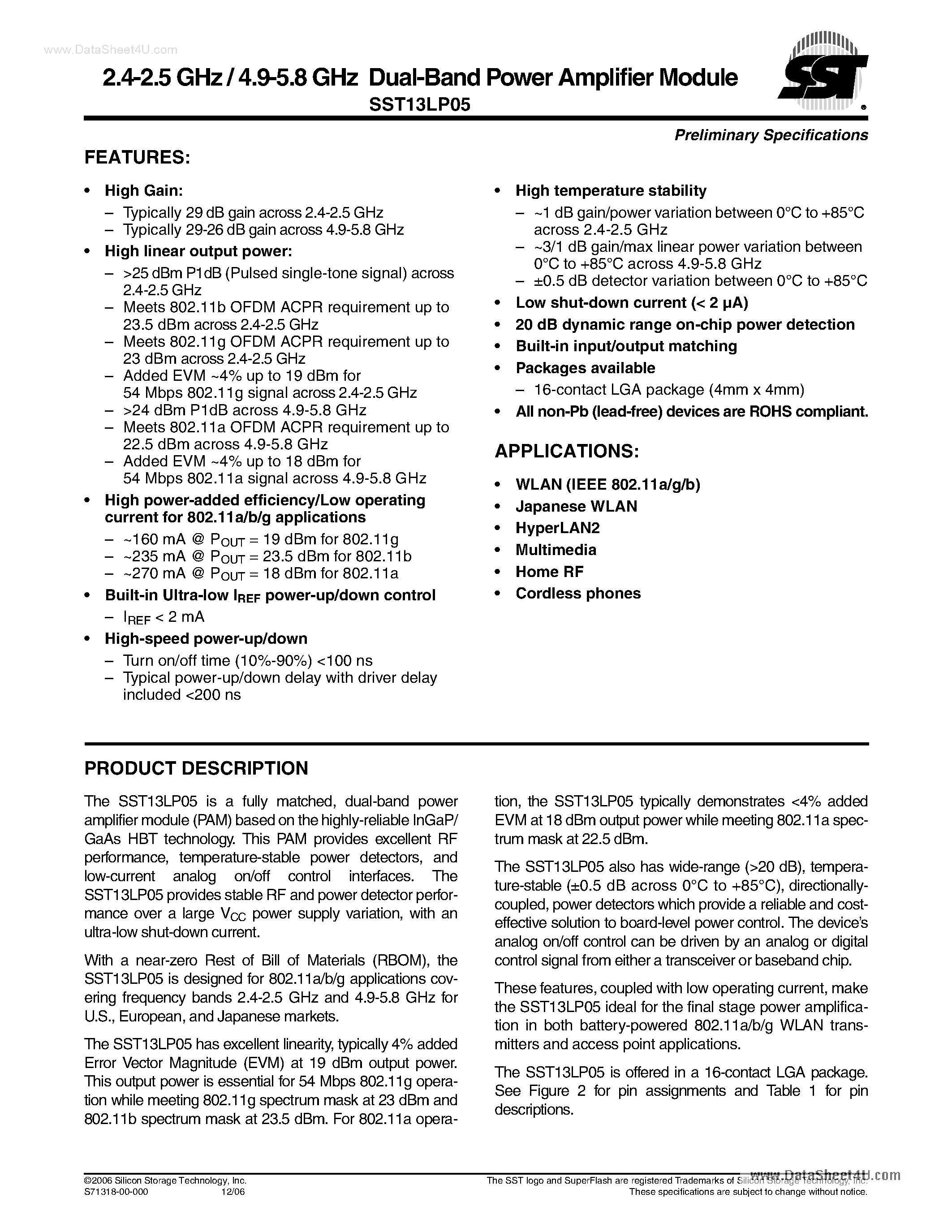 Datasheet SST13LP05 - 2.4-2.5 GHz / 4.9-5.8 GHz Dual-Band Power Amplifier Module page 1