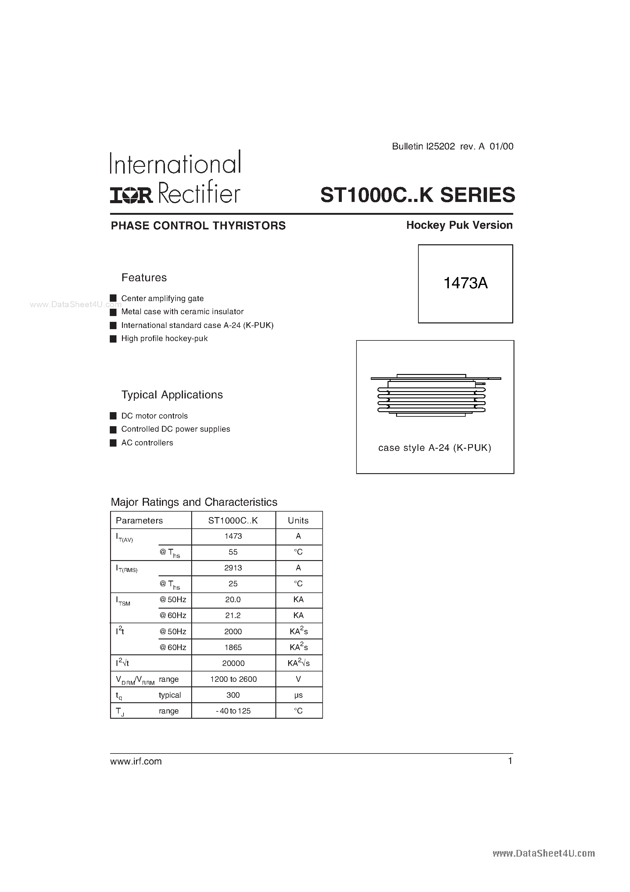 Даташит ST1000C - (ST1000C-K Series) PHASE CONTROL THYRISTORS страница 1