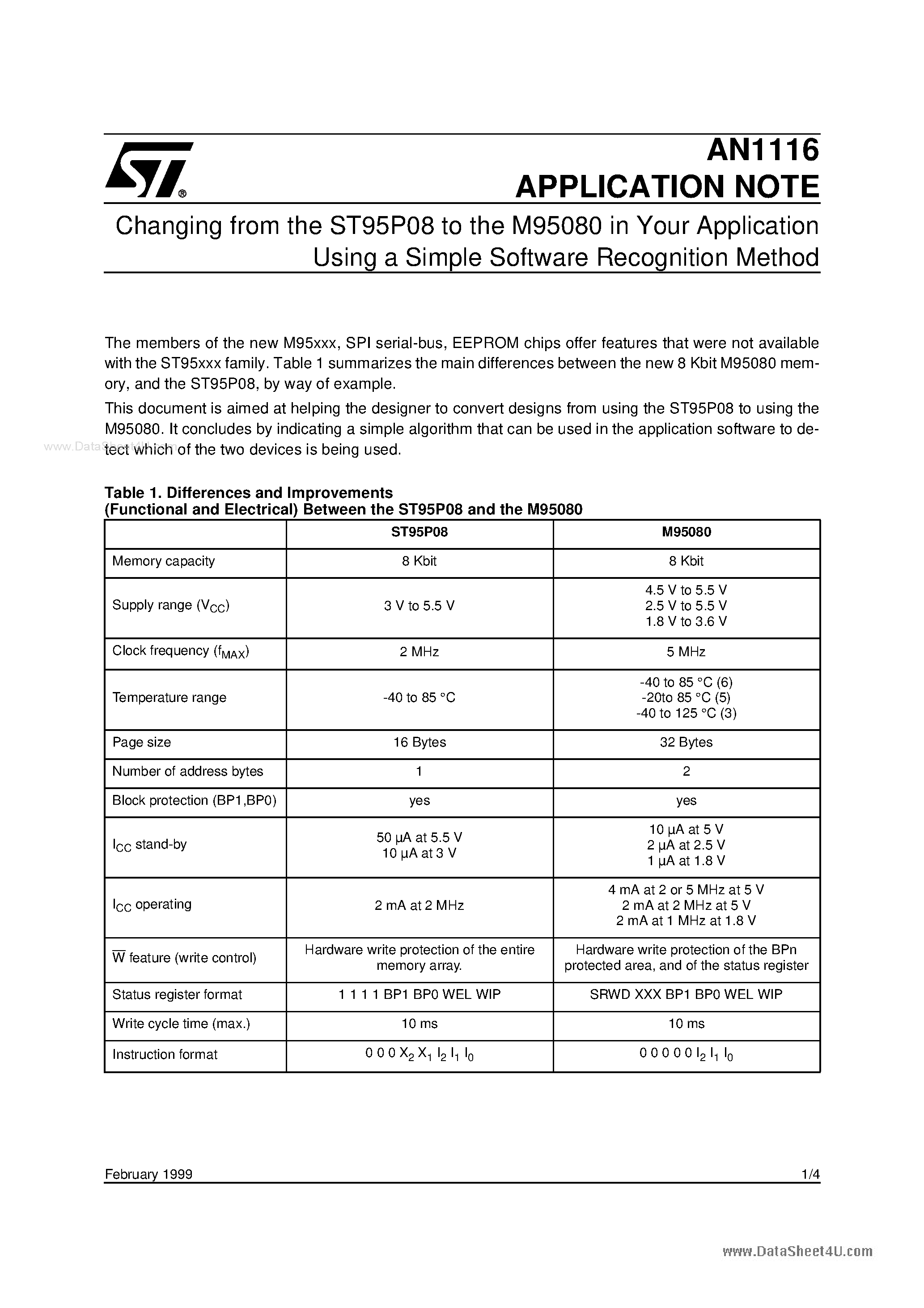 Datasheet AN1116 - CHANGING FROM THE ST95P08 TO THE M95080 IN YOUR APPLICATION USING A SIMPLE SOFTWARE RECOGNITION METHOD page 1