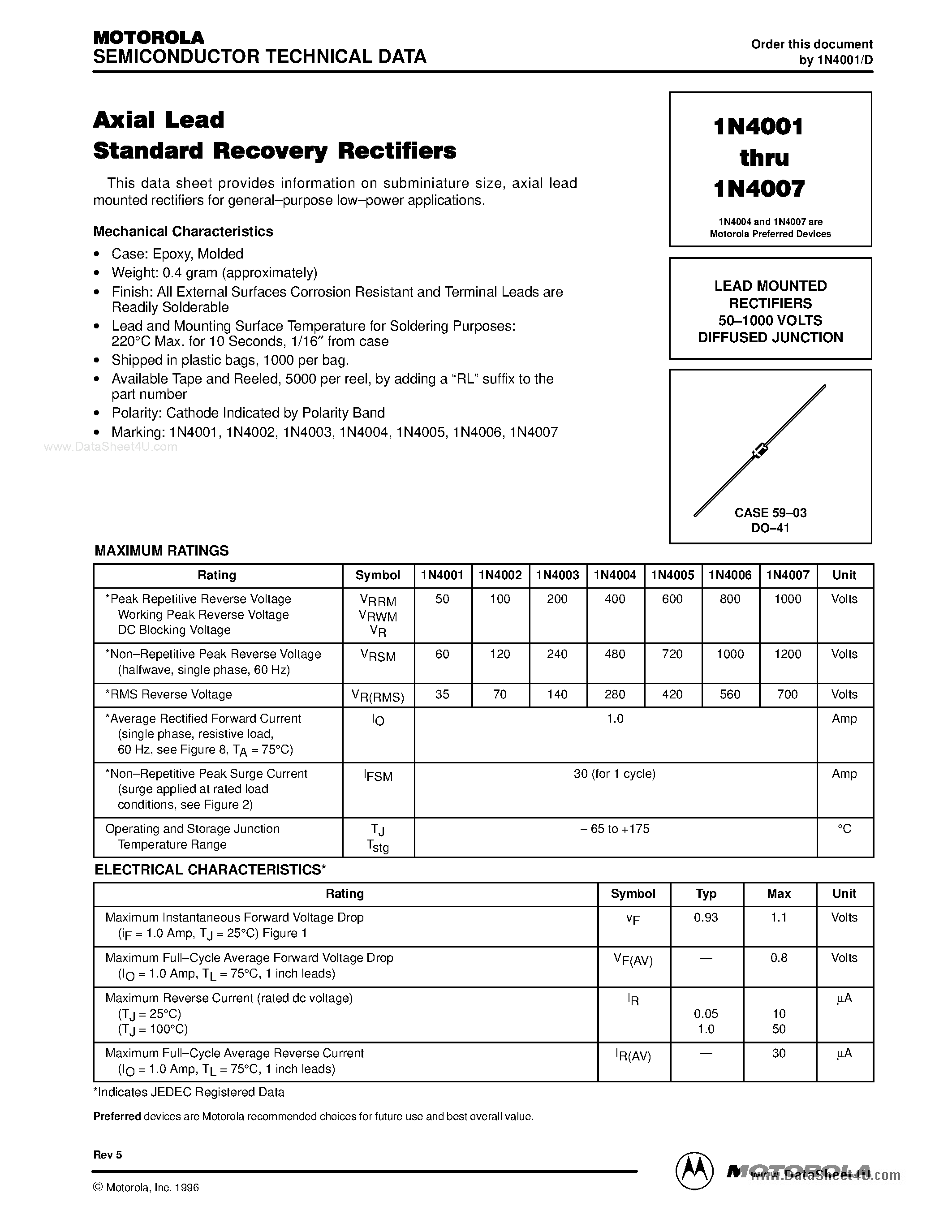 Datasheet 1N4001 - (1N4001 - 1N4007) Axial Lead Standard Recovery Rectifiers page 1