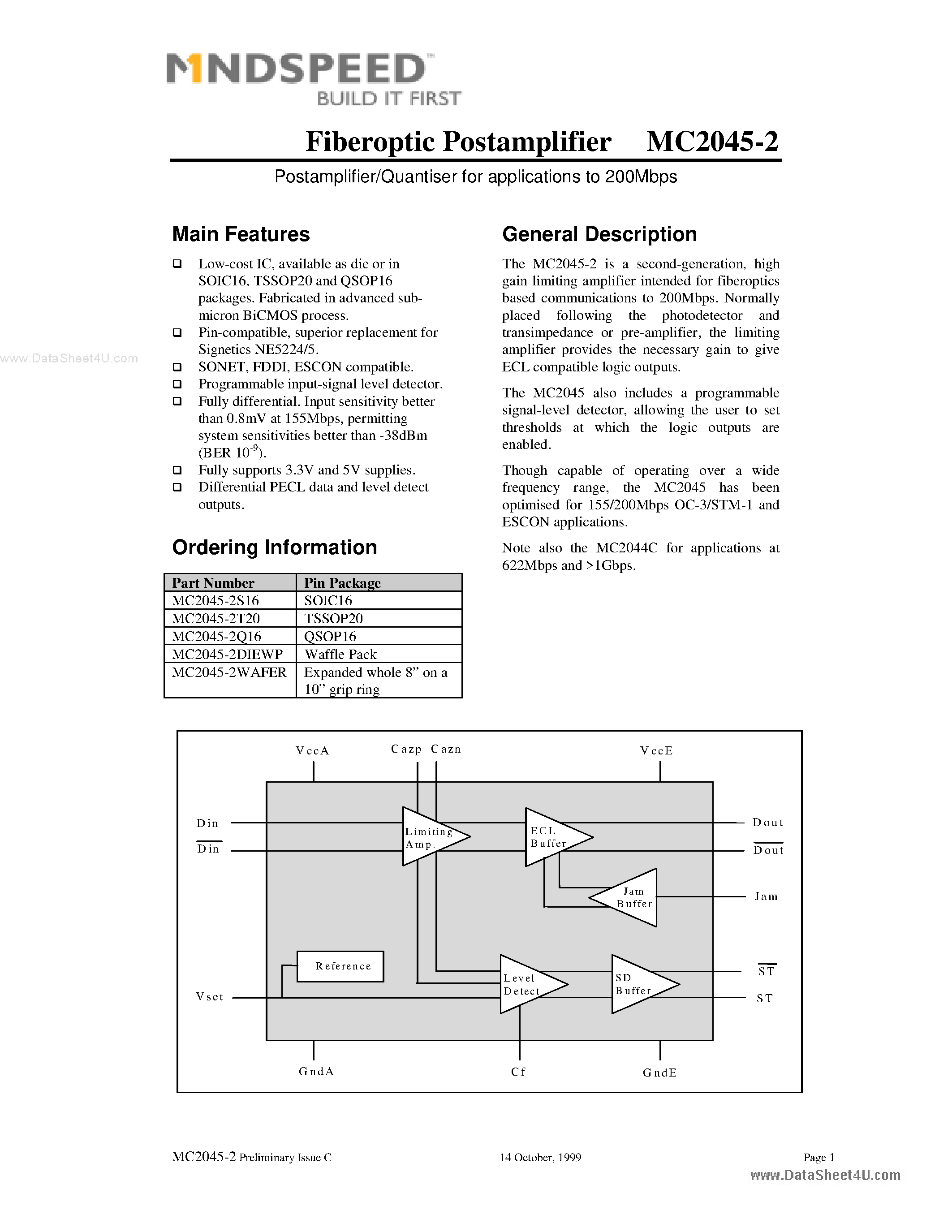 Datasheet MC2045-2 - Fiberoptic Postamplifier page 1
