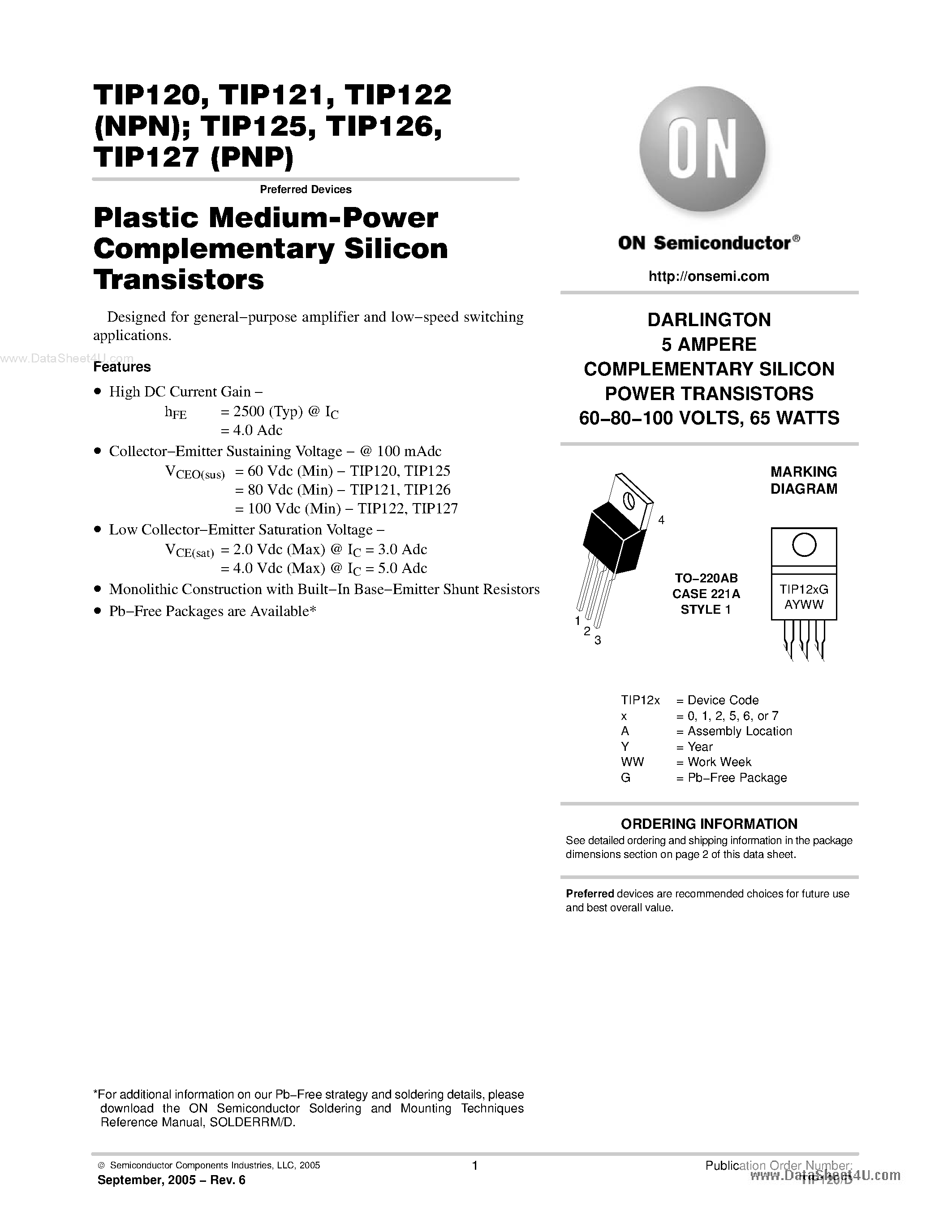 Datasheet TIP120 - (TIP120 - TIP127) Plastic Medium-Power Complementary Silicon Transistors page 1