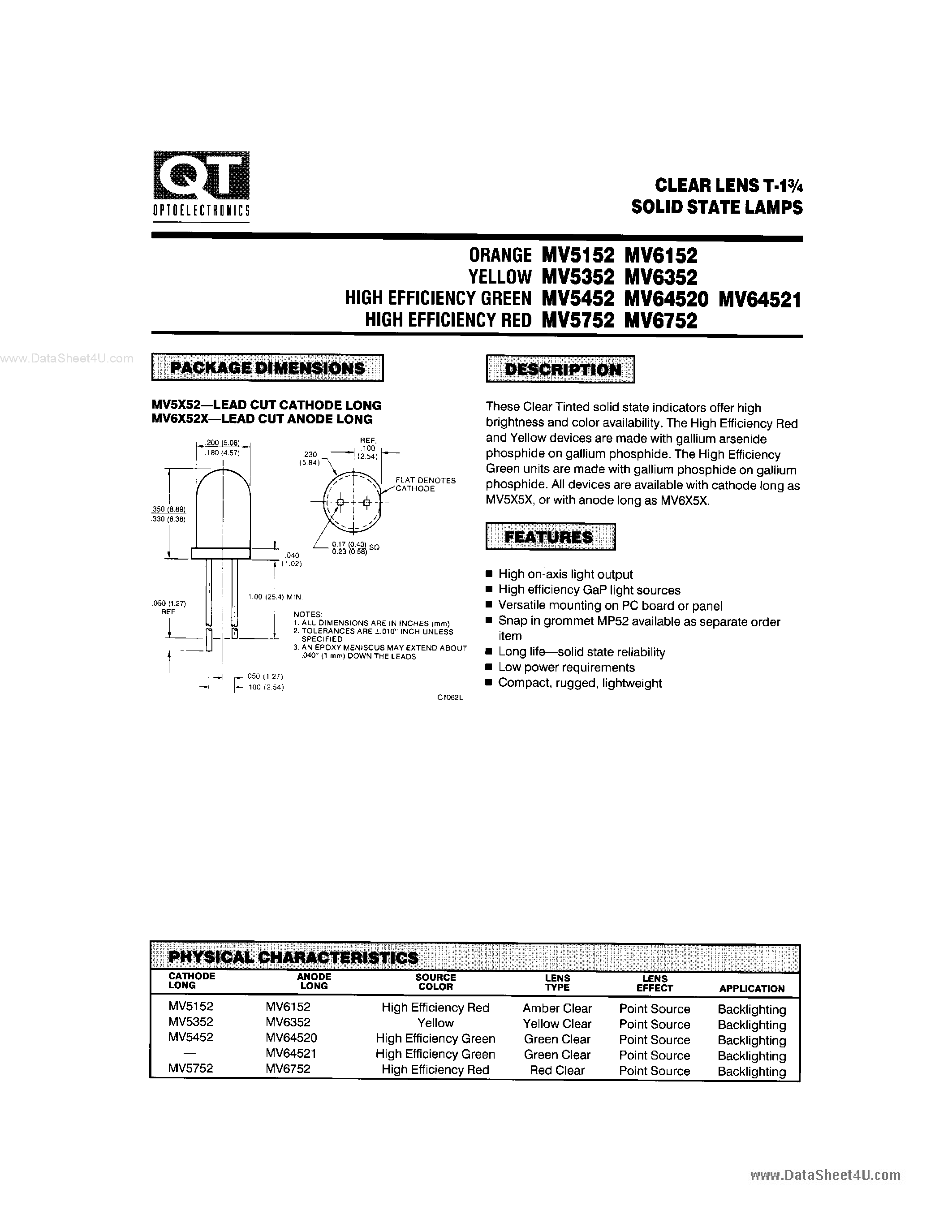 Datasheet MV5352 - (MV5x52) CLEAR LENS T-13/4 SOLID STATE LAMPS page 1