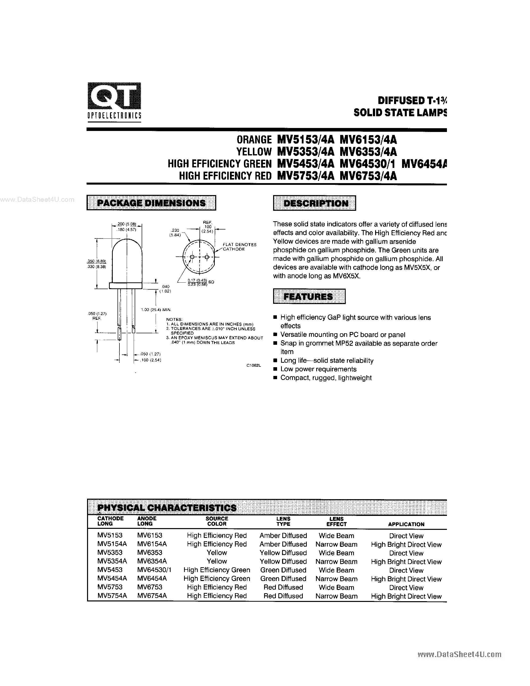 Datasheet MV5153 - (MV5x5x) DIFFUSED T-13/4 SOLID STATE LAMPS page 1