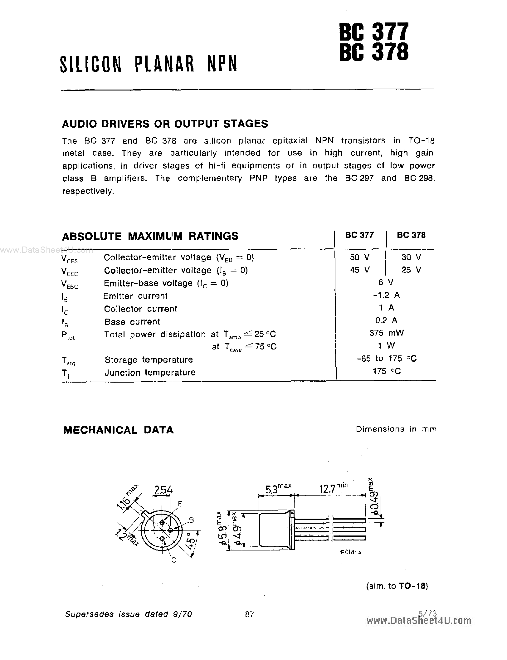 Datasheet BC377 - (BC377 / BC378) Silicon Planar NPN page 1