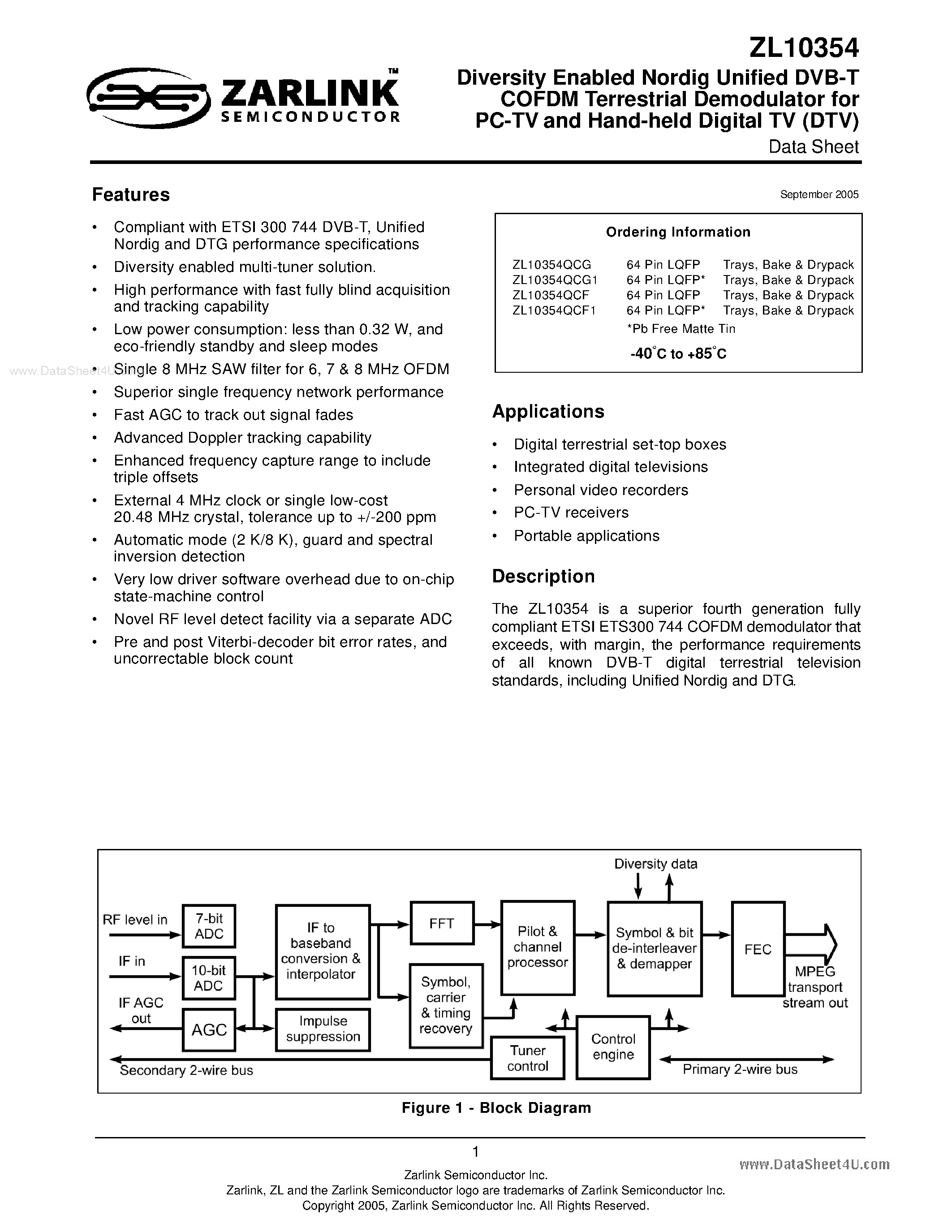 Datasheet ZL10354 - Diversity Enabled Nordig Unified DVB-T COFDM Terrestrial Demodulator page 1