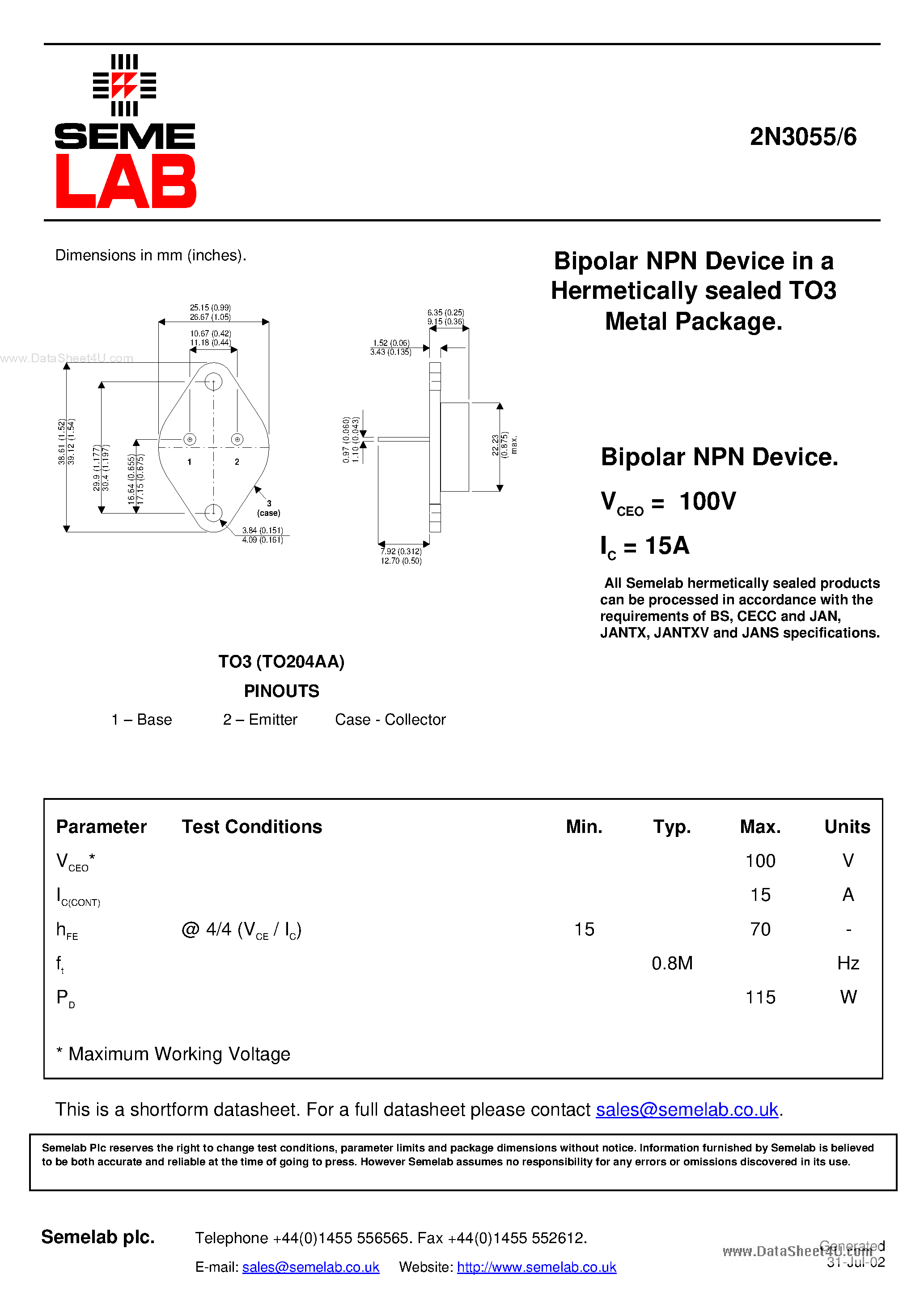 Datasheet 2N3055 - (2N3055 / 2N3056) Bipolar NPN Device page 1