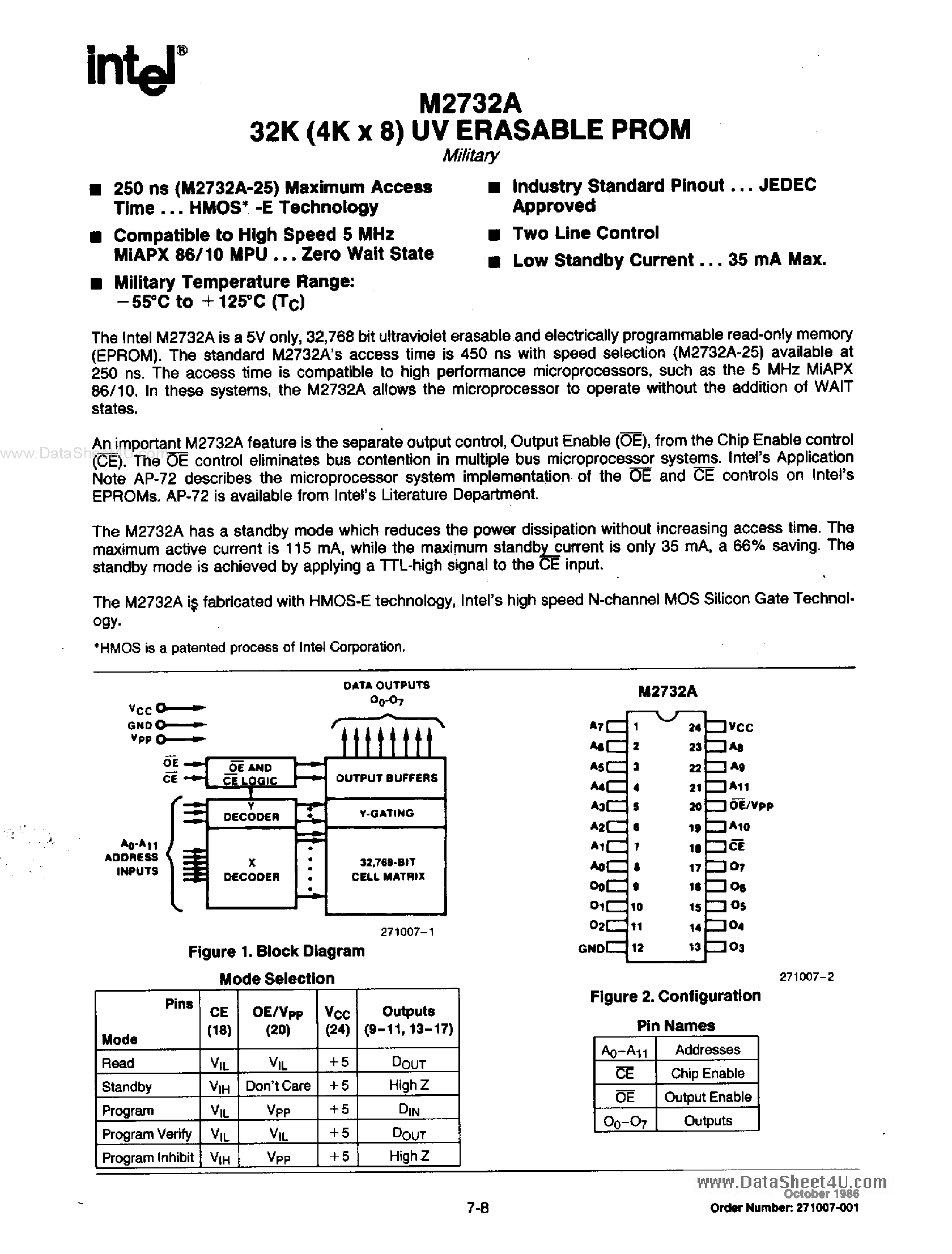 Datasheet M2732A - 32K (4K X 8) UV ERASABLE PROM page 1