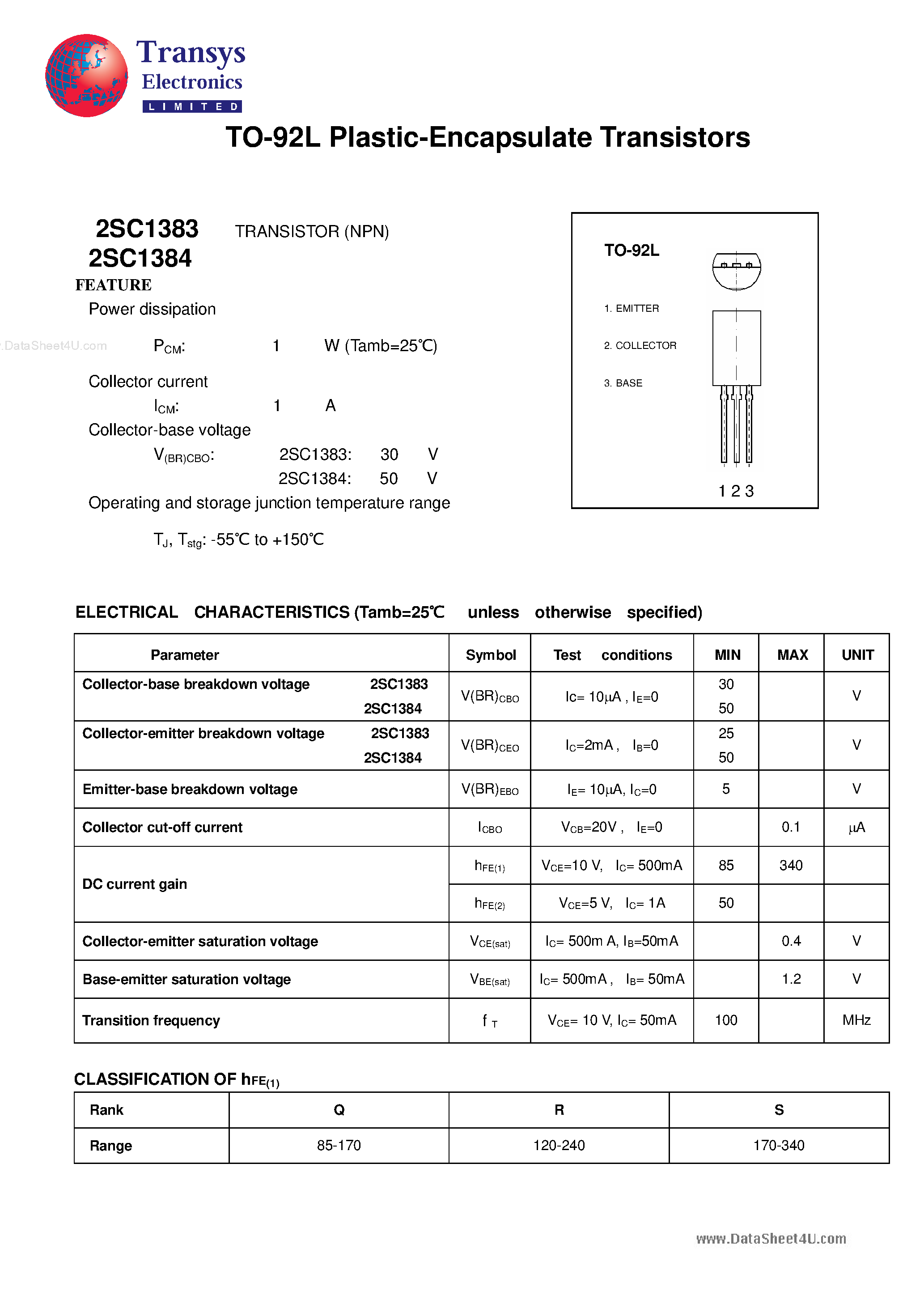 Datasheet 2SC1383 - (2SC1383 / 2SC1384) Plastic-Encapsulate Transistors page 1