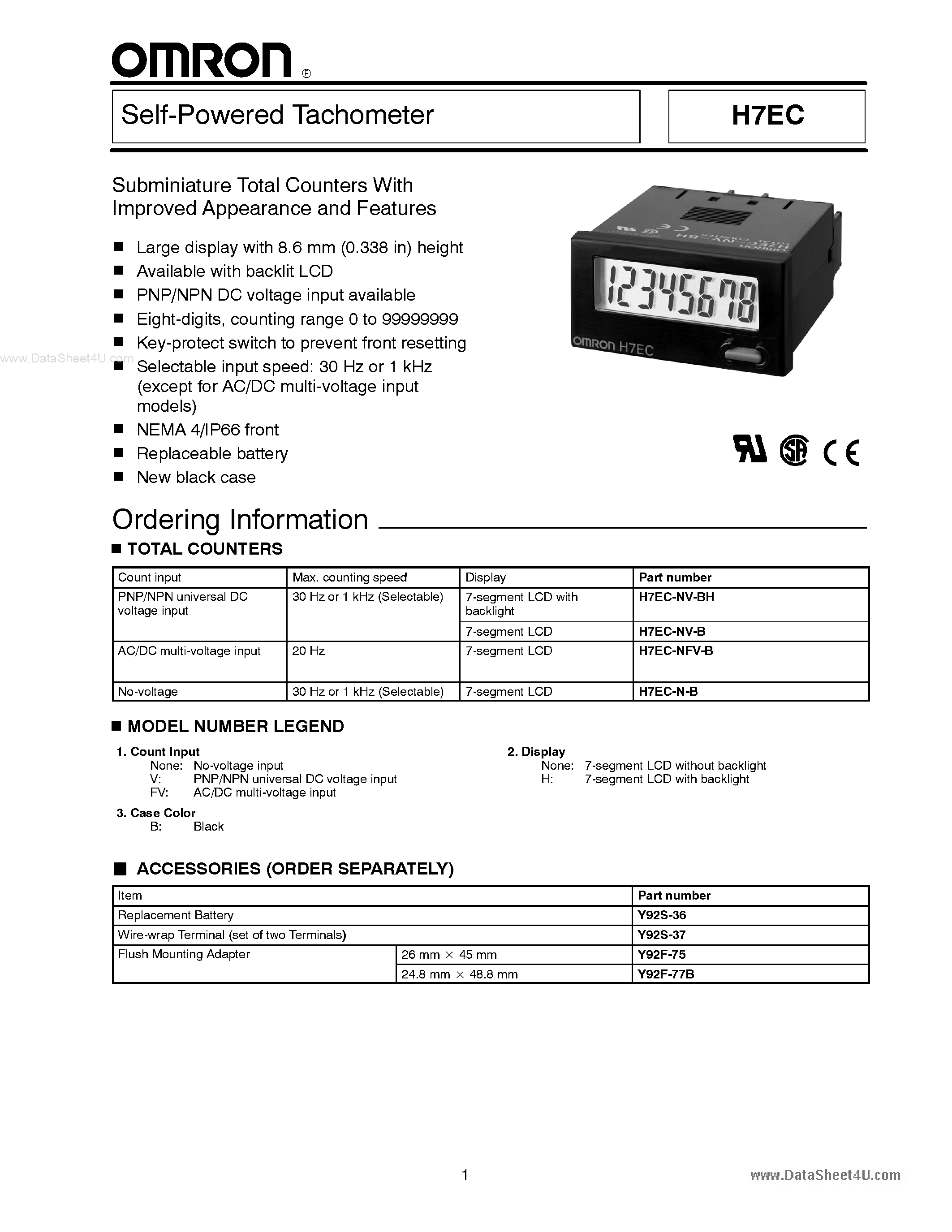 Datasheet H7EC-N-B - COUNTER TOTALIZER DC W/BACKLIGHT page 1