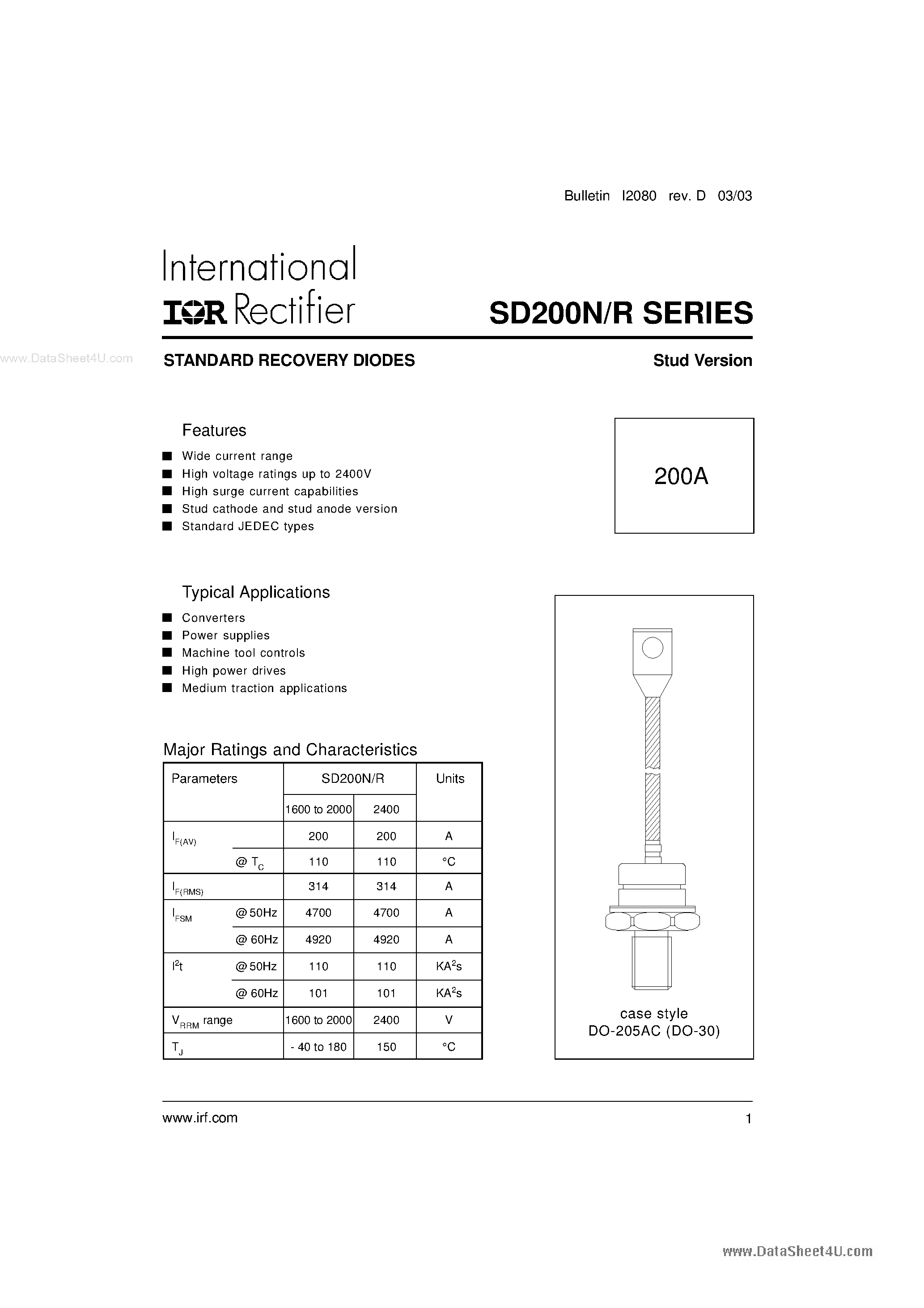 Datasheet SD200N - 1200V 200A Std. Recovery Diode page 1