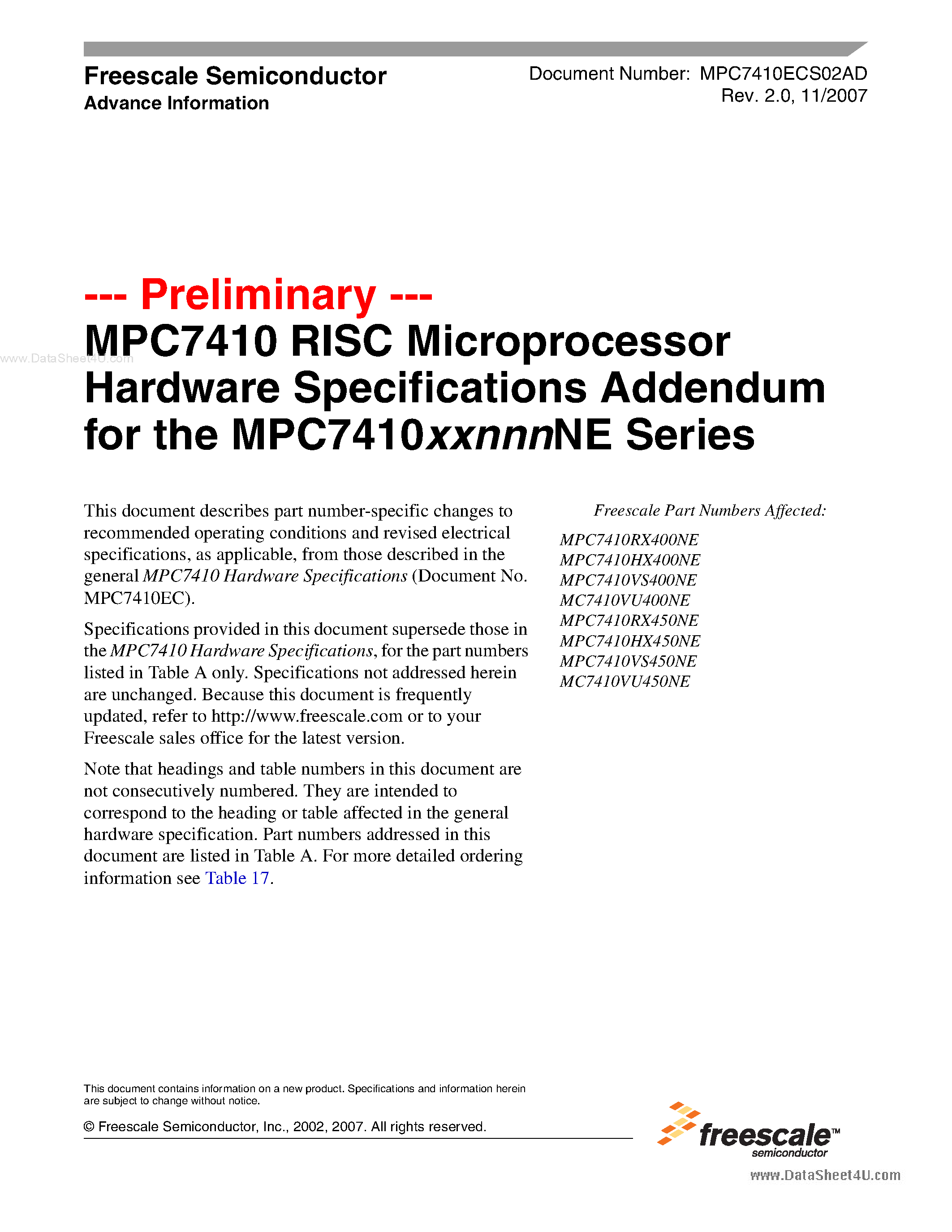 Datasheet MC7410 - RISC Microprocessor Hardware Specifications Addendum page 1