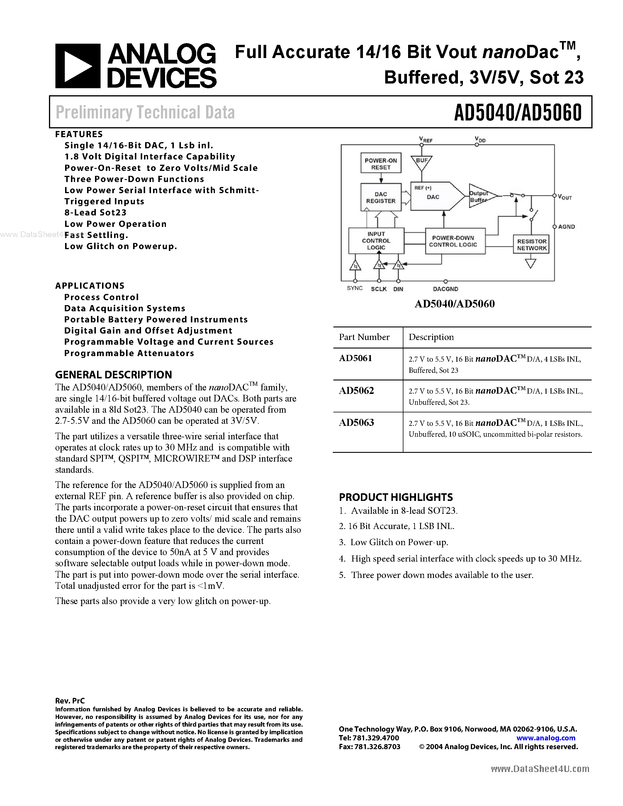 Datasheet AD5040 - (AD5040 / AD5060) Full Accurate 14/16 Bit Vout nanoDac Buffered page 1