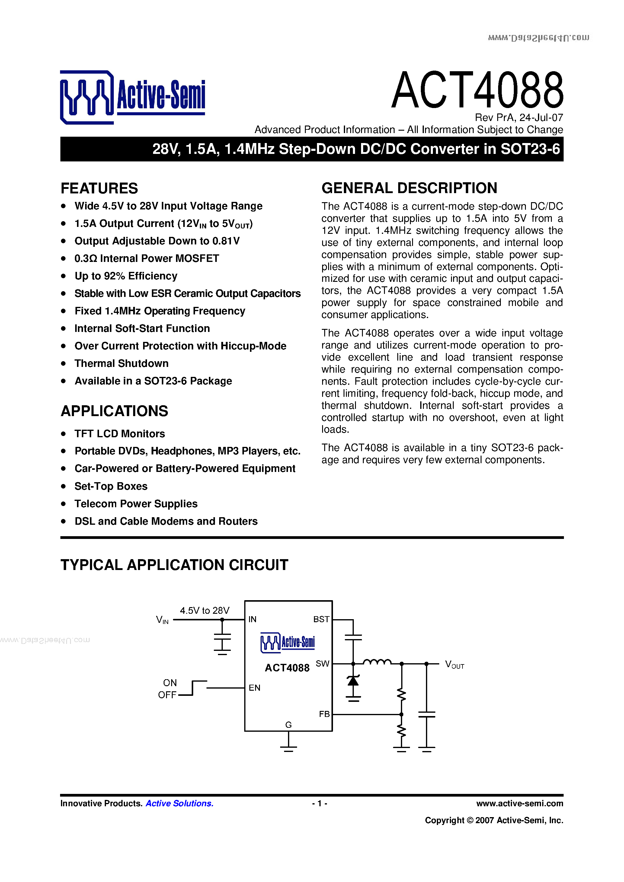 Datasheet ACT4088 - 1.4MHz Step-Down DC/DC Converter page 1