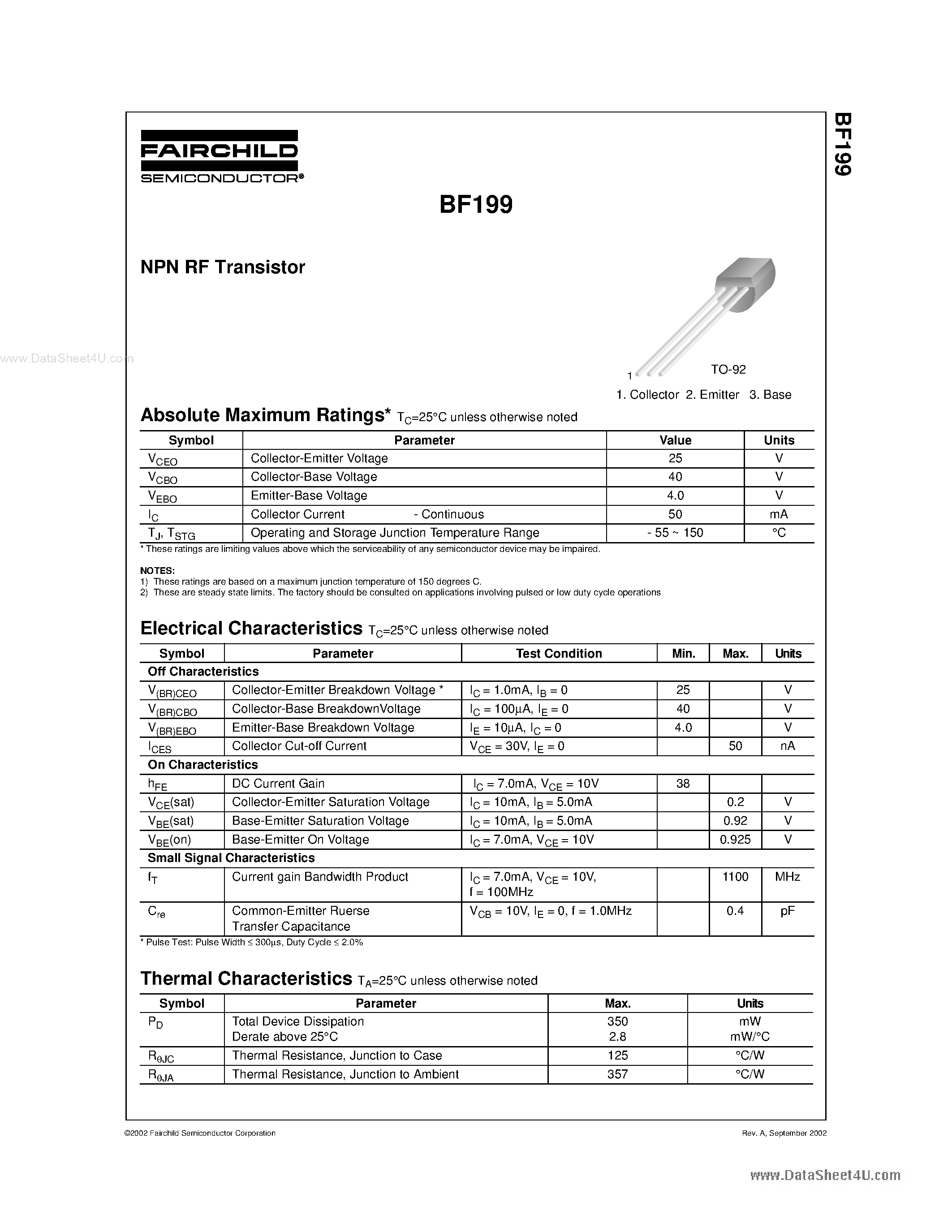 Datasheet BF199 - NPN RF Transistor page 1