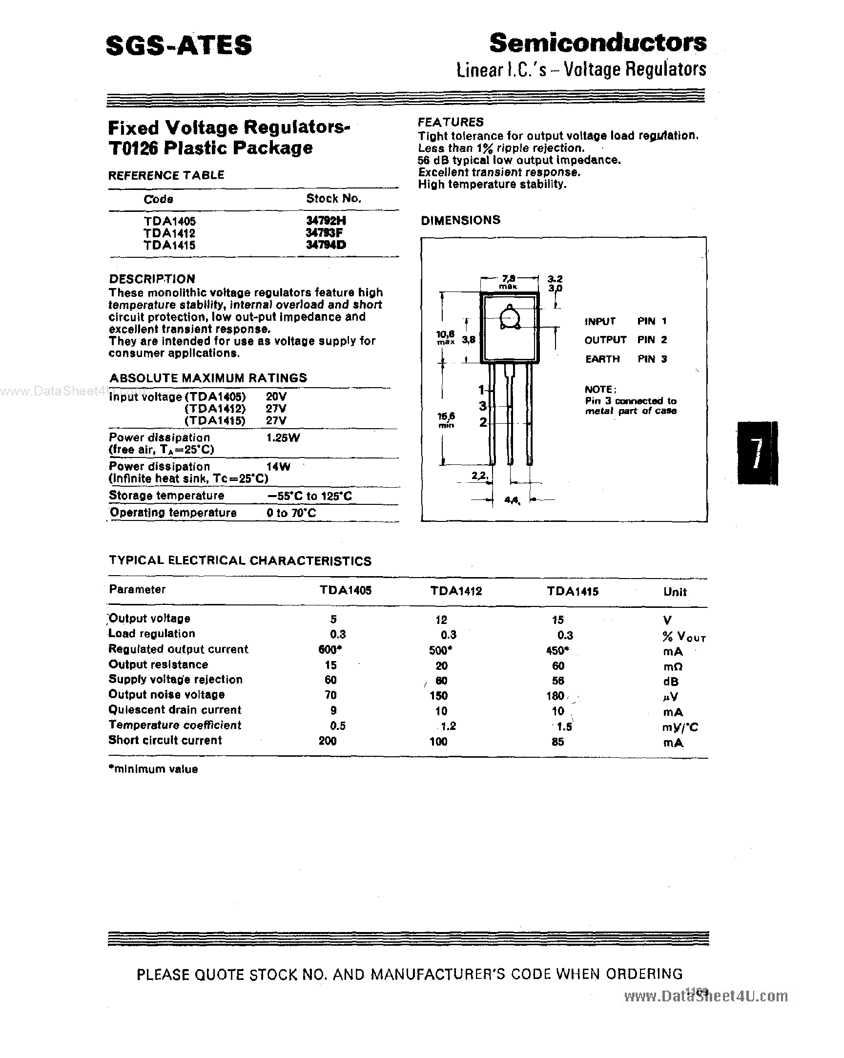 Даташит TDA1405 - (TDA1405 - TDA1415) Fixed Voltage Regulators страница 1