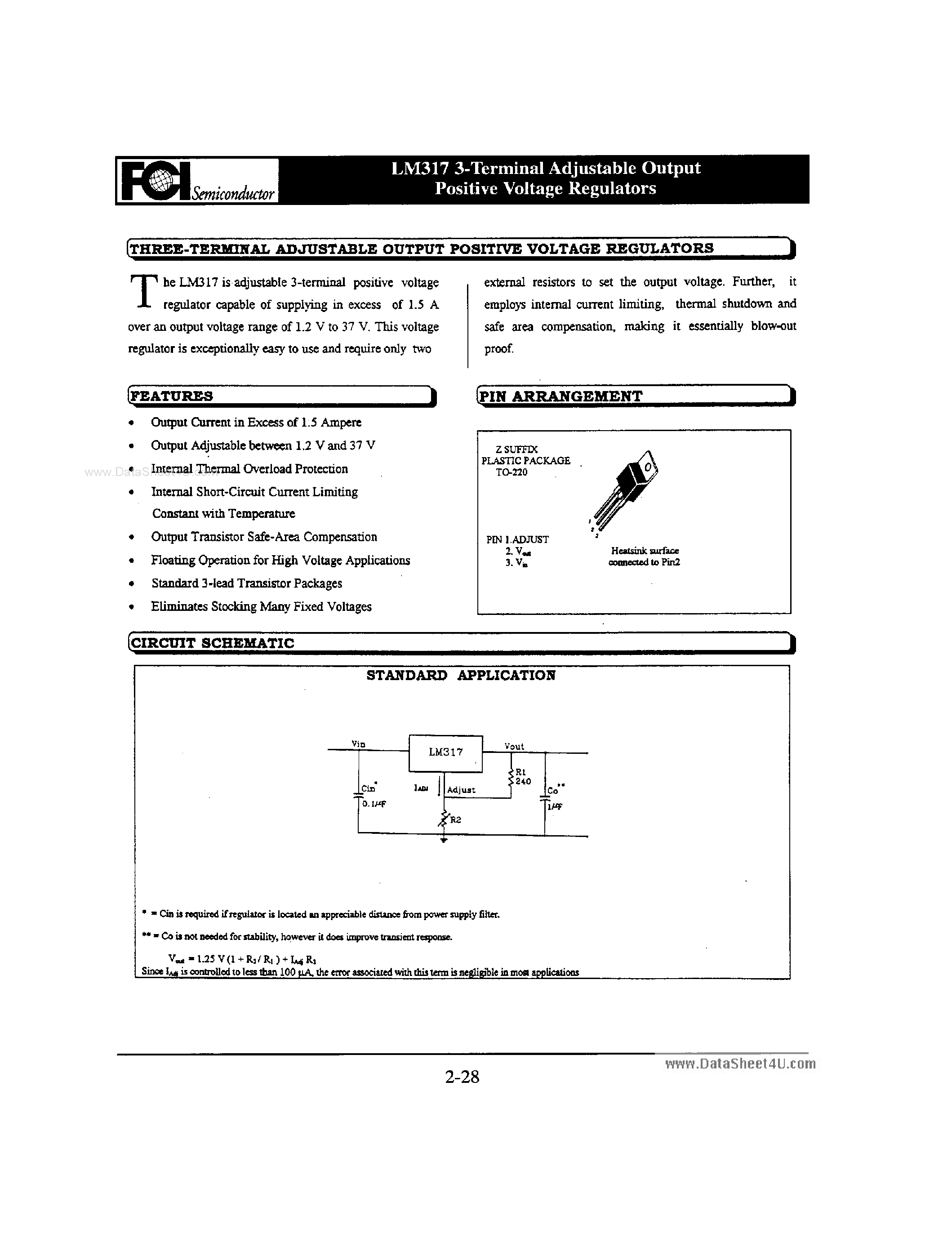Datasheet LM317 - 3-Terminal Adjustable Output positive voltage Regulators page 1