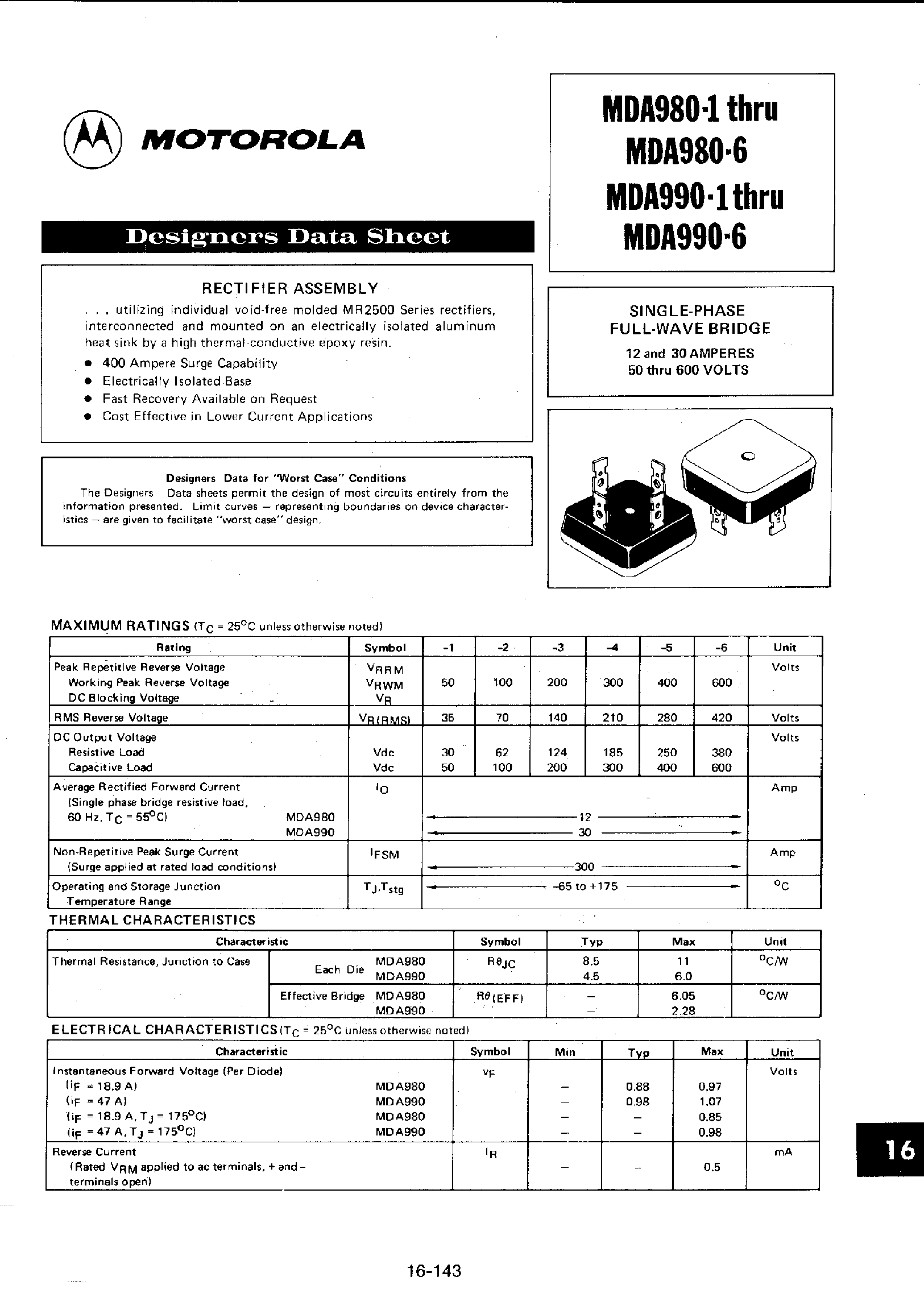 Datasheet MDA980-1 - (MDA9x0-1 - MDA9x0-6) Single Phase Full Wave Bridge page 1