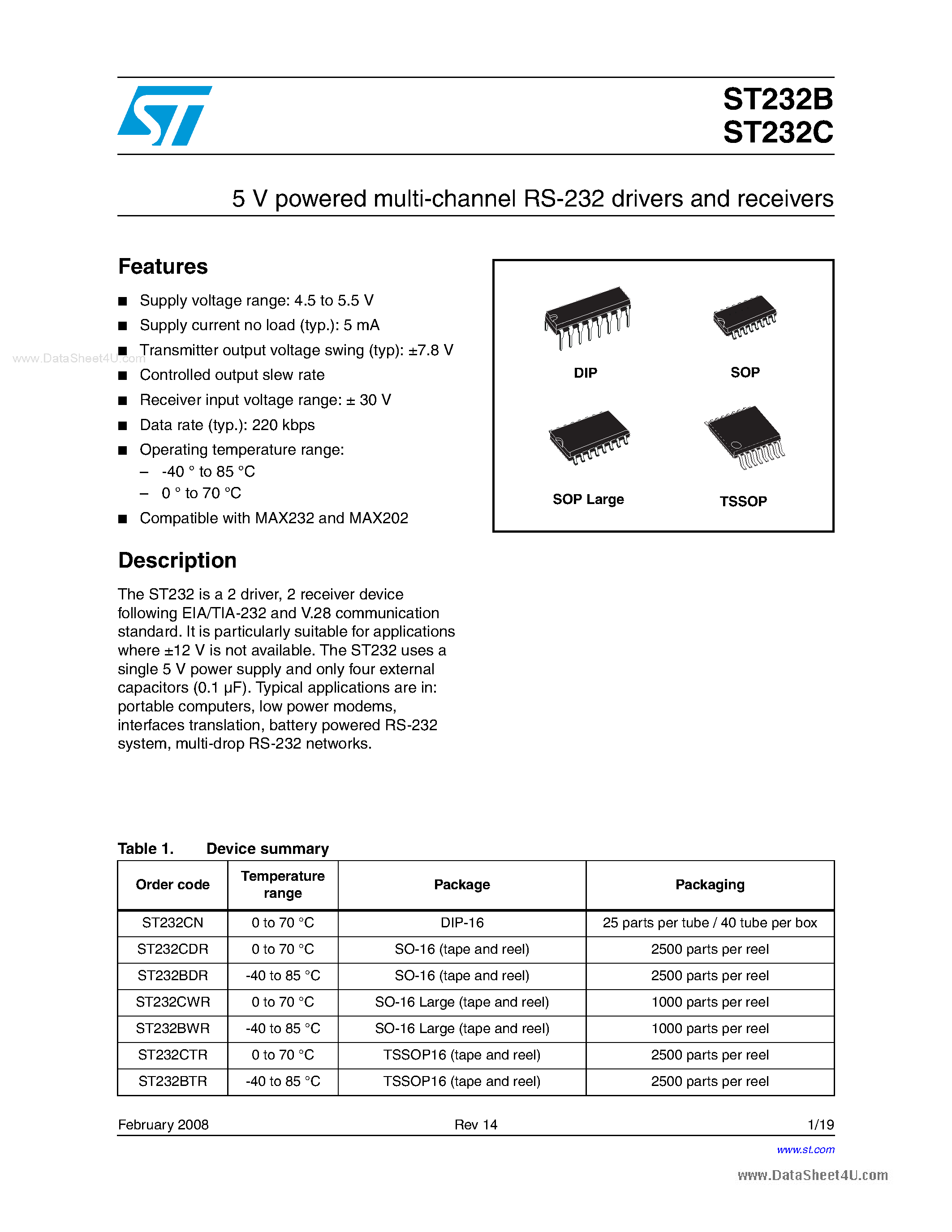 Datasheet ST232B - (ST232B / ST232C) 5V Powered Multi-channel RS-232 Drivers And Receivers page 1