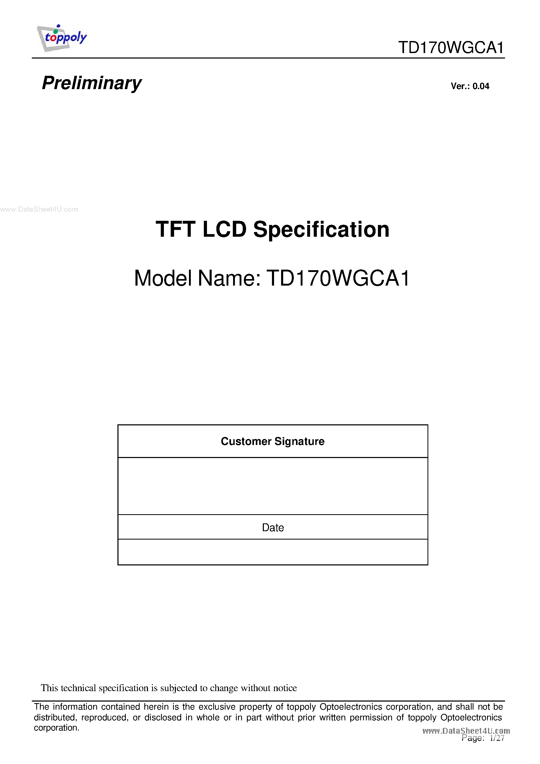 Даташит TD170WGCA1 - TFT LCD страница 1