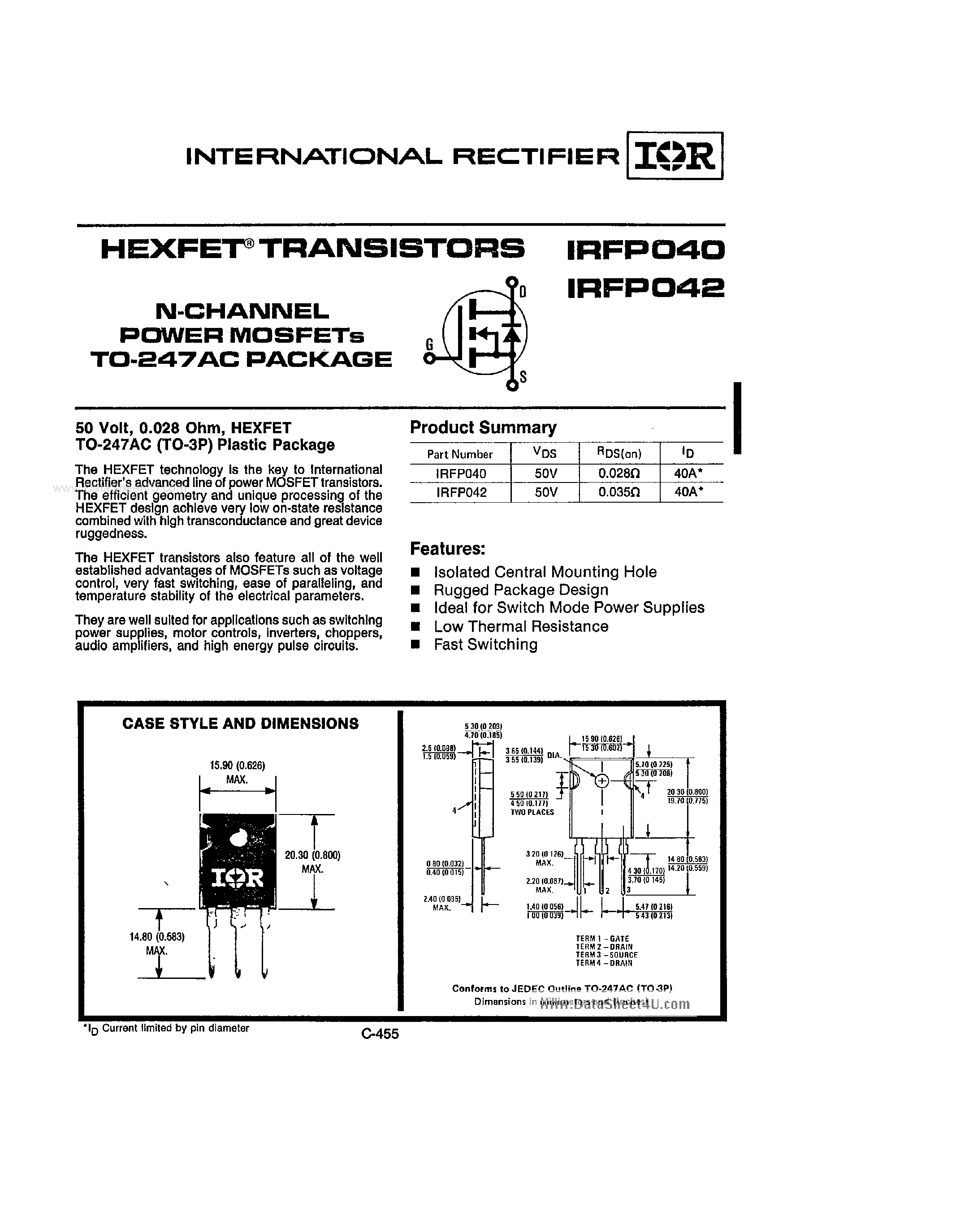 Даташит IRFP040 - (IRFP040 / IRFP042) N-Channel Power MOSFET страница 1