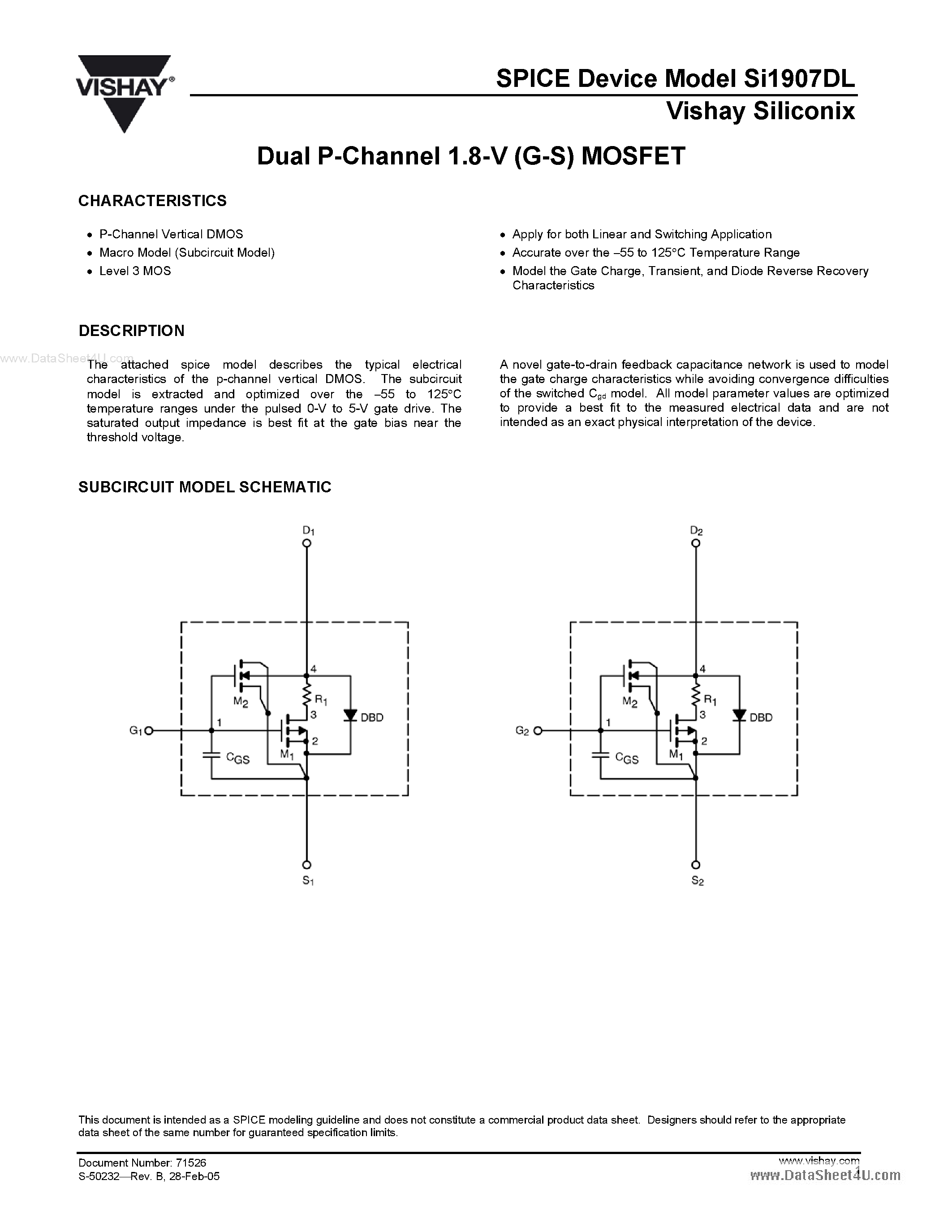 Даташит SI1907DL - Dual P-Channel 1.8-V (G-S) MOSFET страница 1