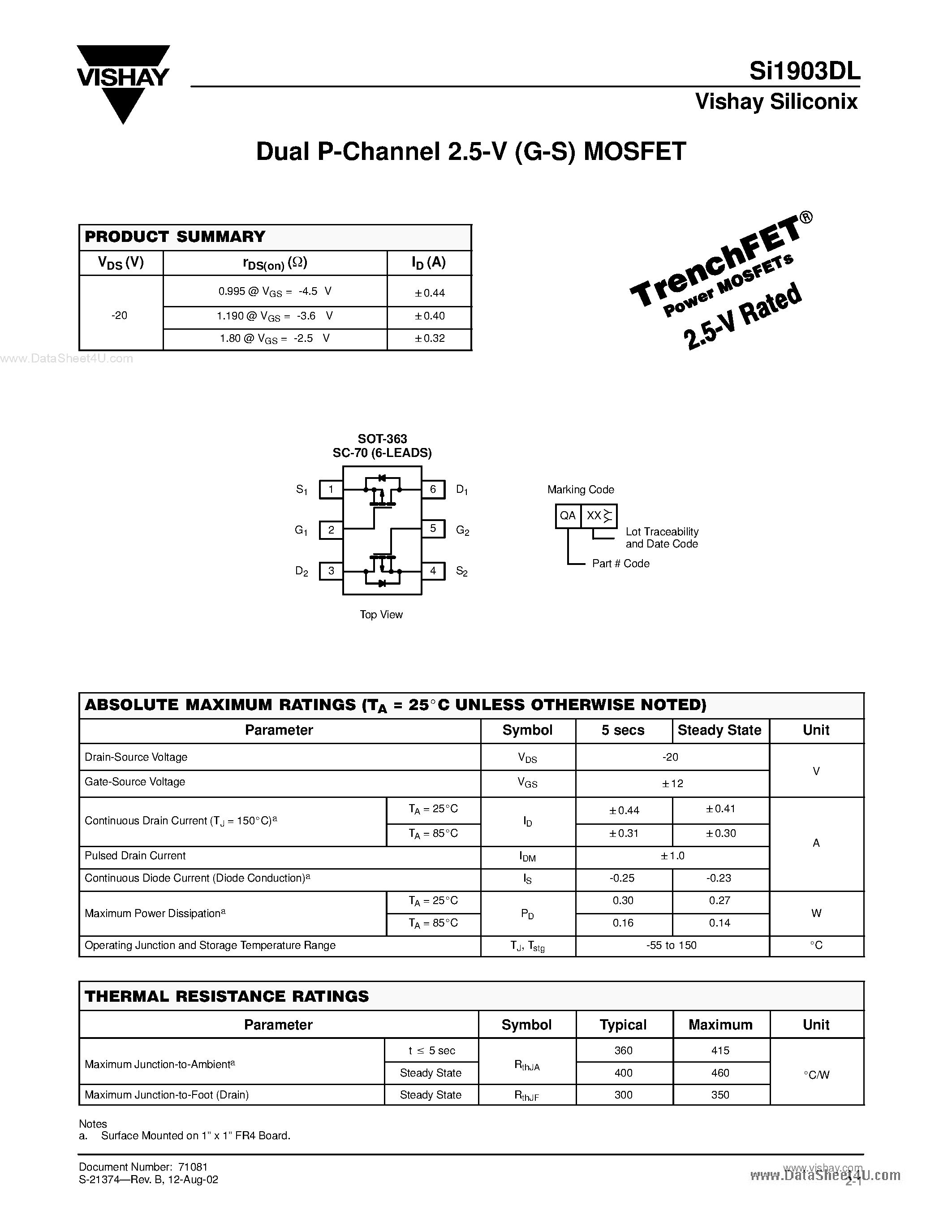 Datasheet SI1903DL - Dual P-Channel 2.5-V (G-S) MOSFET page 1