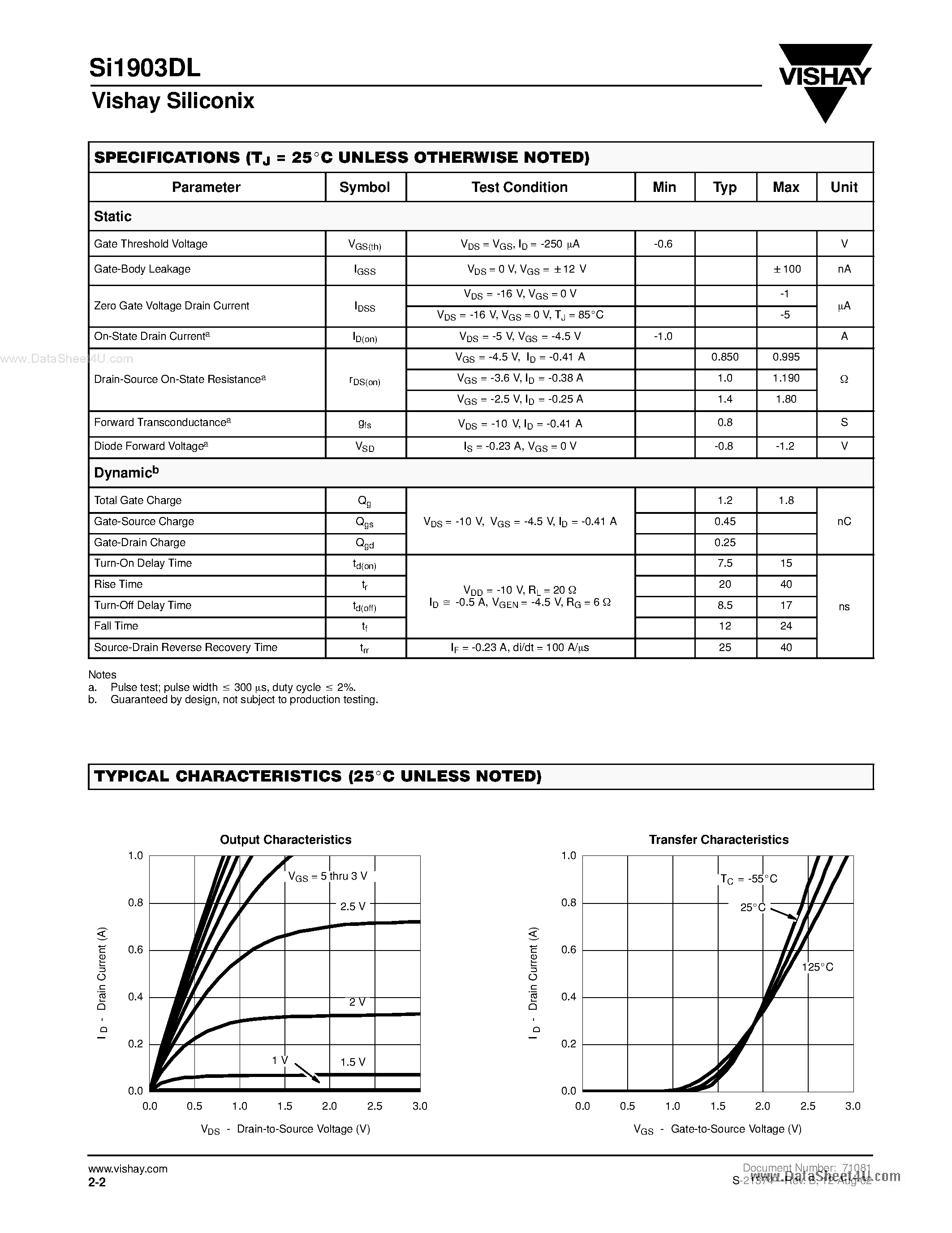 Datasheet SI1903DL - Dual P-Channel 2.5-V (G-S) MOSFET page 2