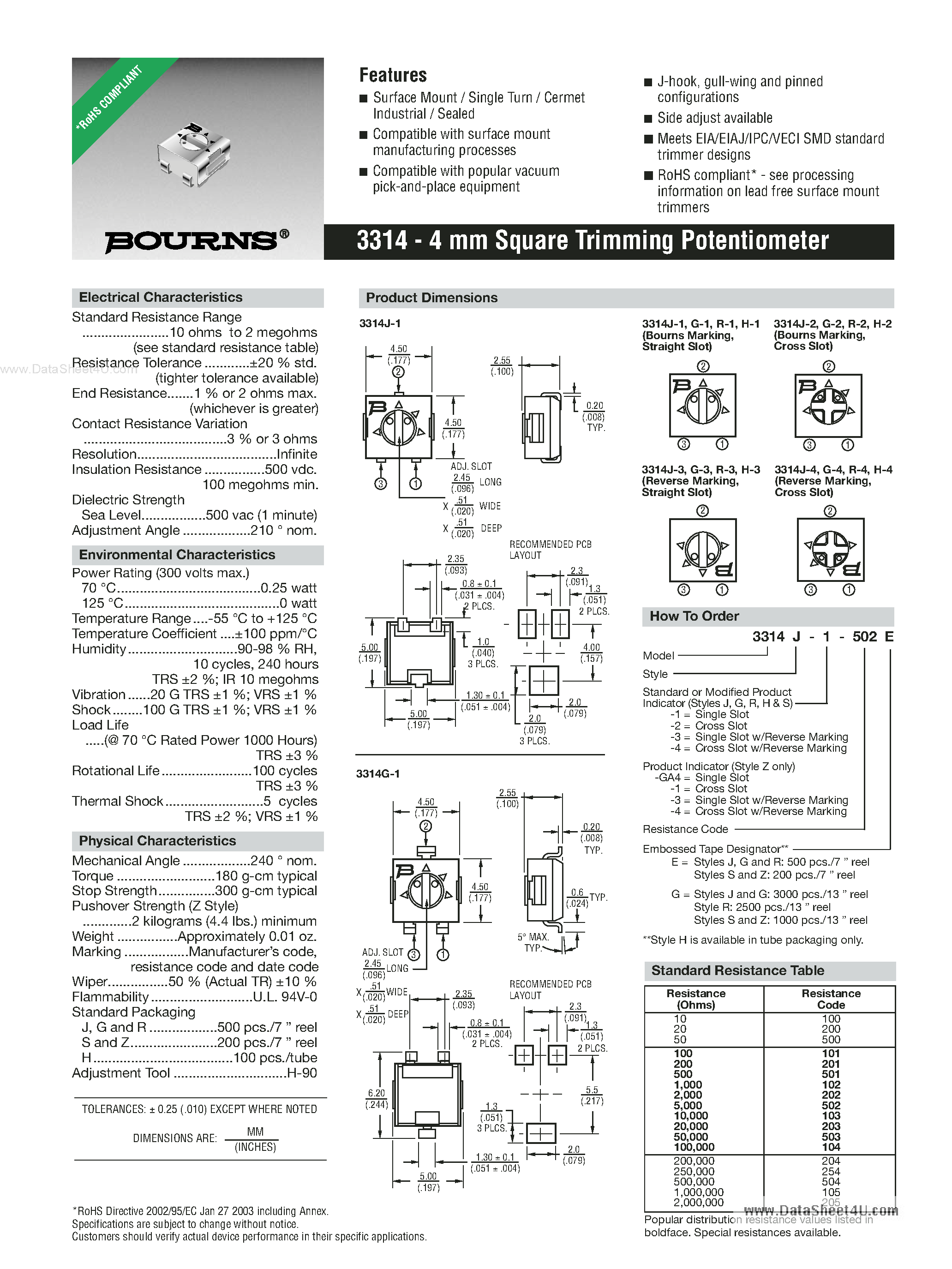 Datasheet 3314 - 4 mm Square Trimming Potentiometer page 1