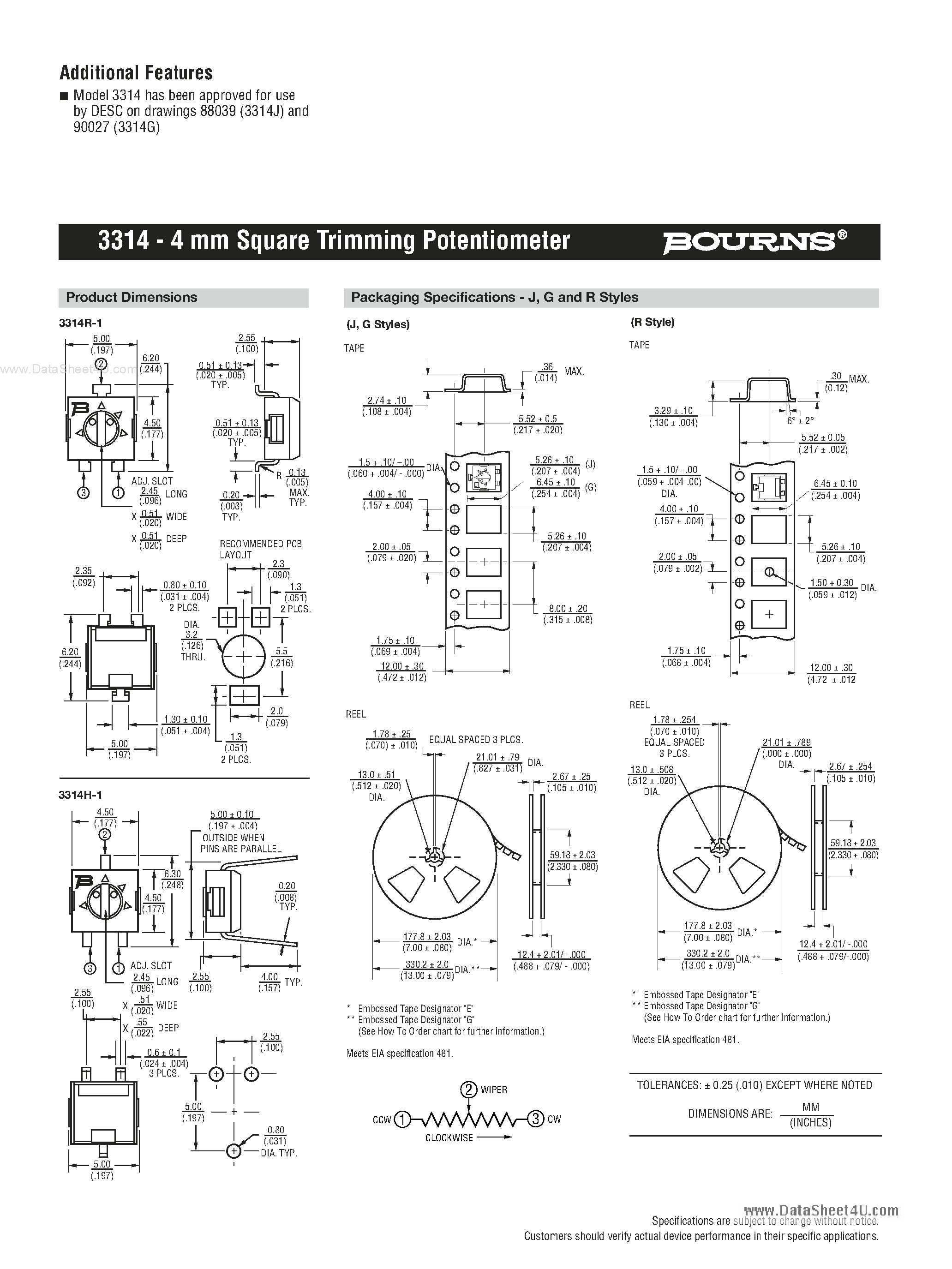 Datasheet 3314 - 4 mm Square Trimming Potentiometer page 2