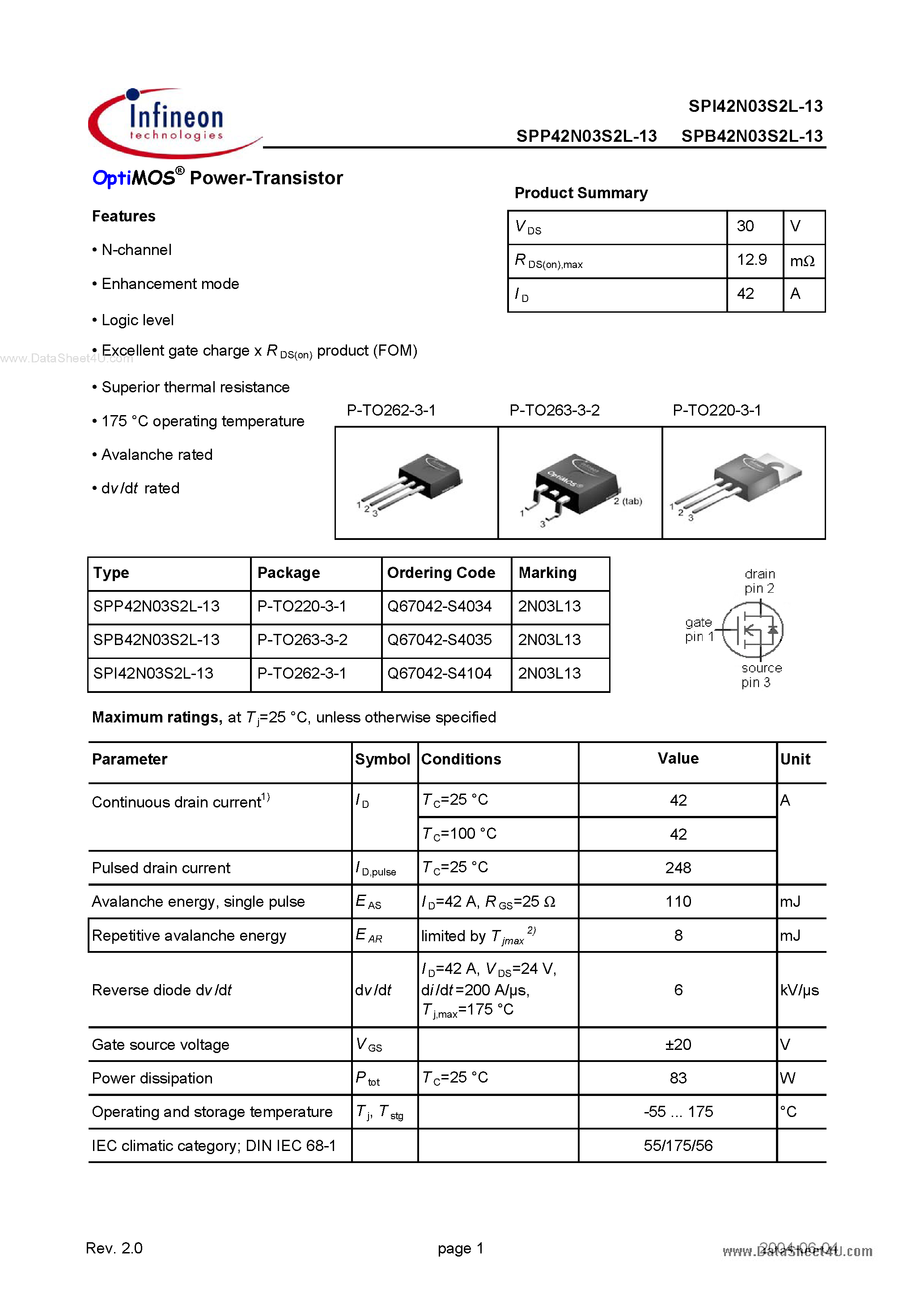 Datasheet SPI42N03S2L-13 - OptiMOS Power-Transistor page 1