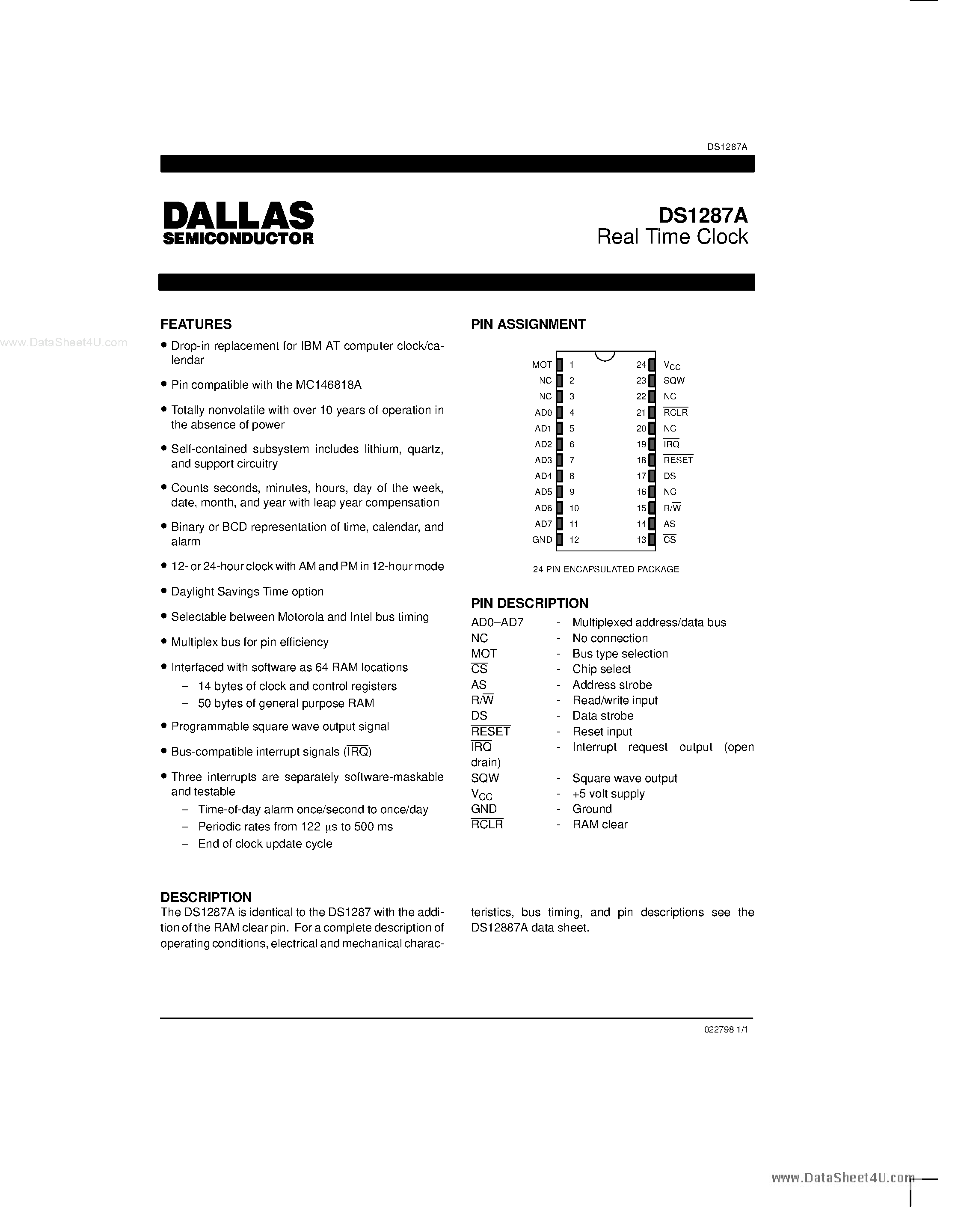 Datasheet DS1287A - Real Time Clock page 1