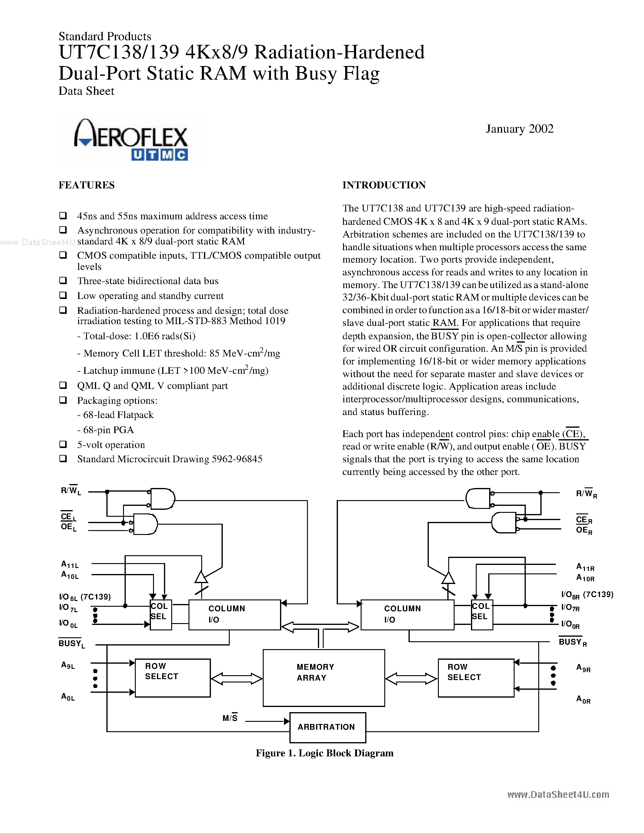 Даташит UT7C138 - (UT7C138 / UT7C139) 4Kx8/9 Radiation-Hardened Dual-Port Static RAM страница 1