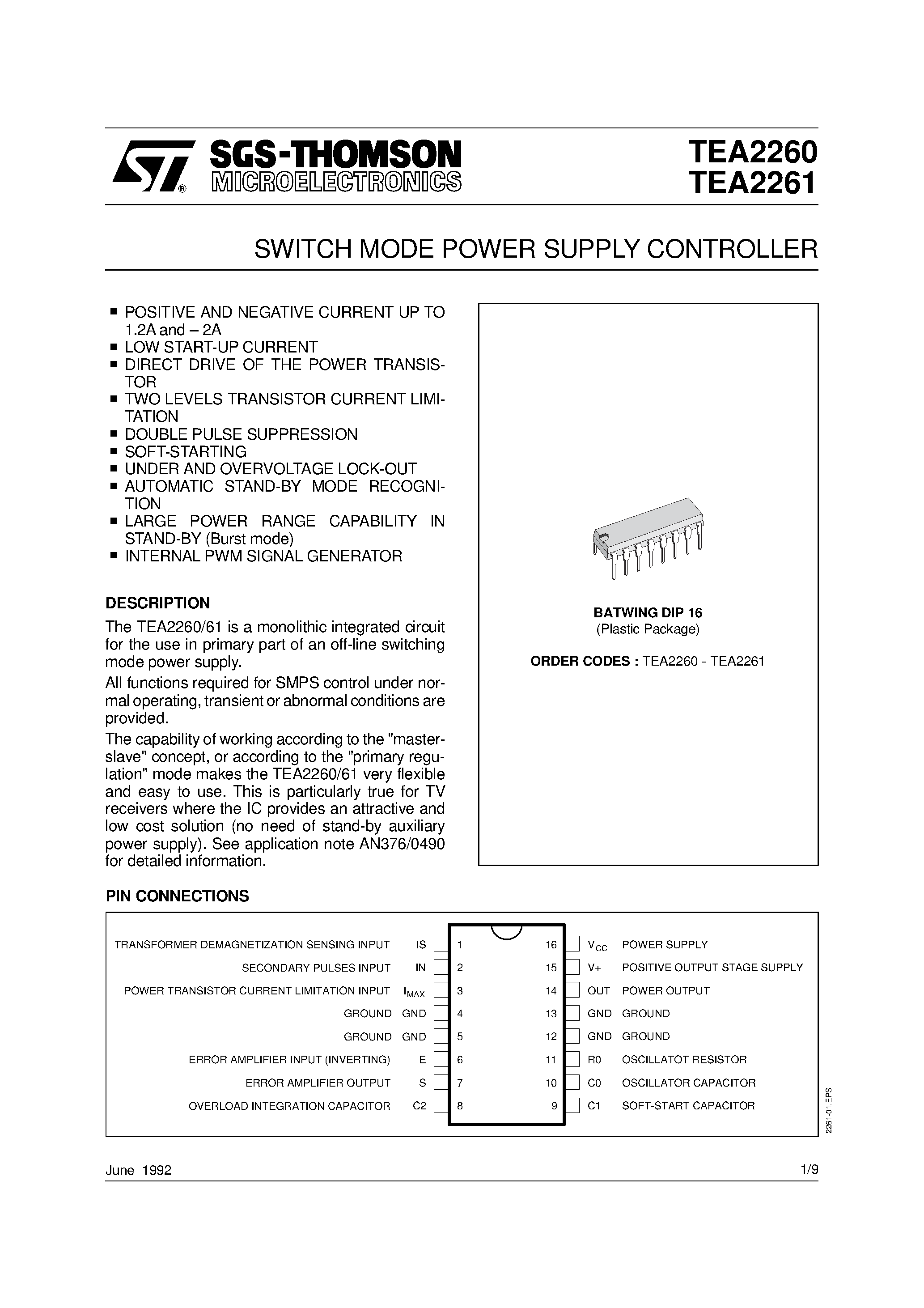Datasheet TEA-2261 - SWITCH MODE POWER SUPPLY CONTROLLER page 1