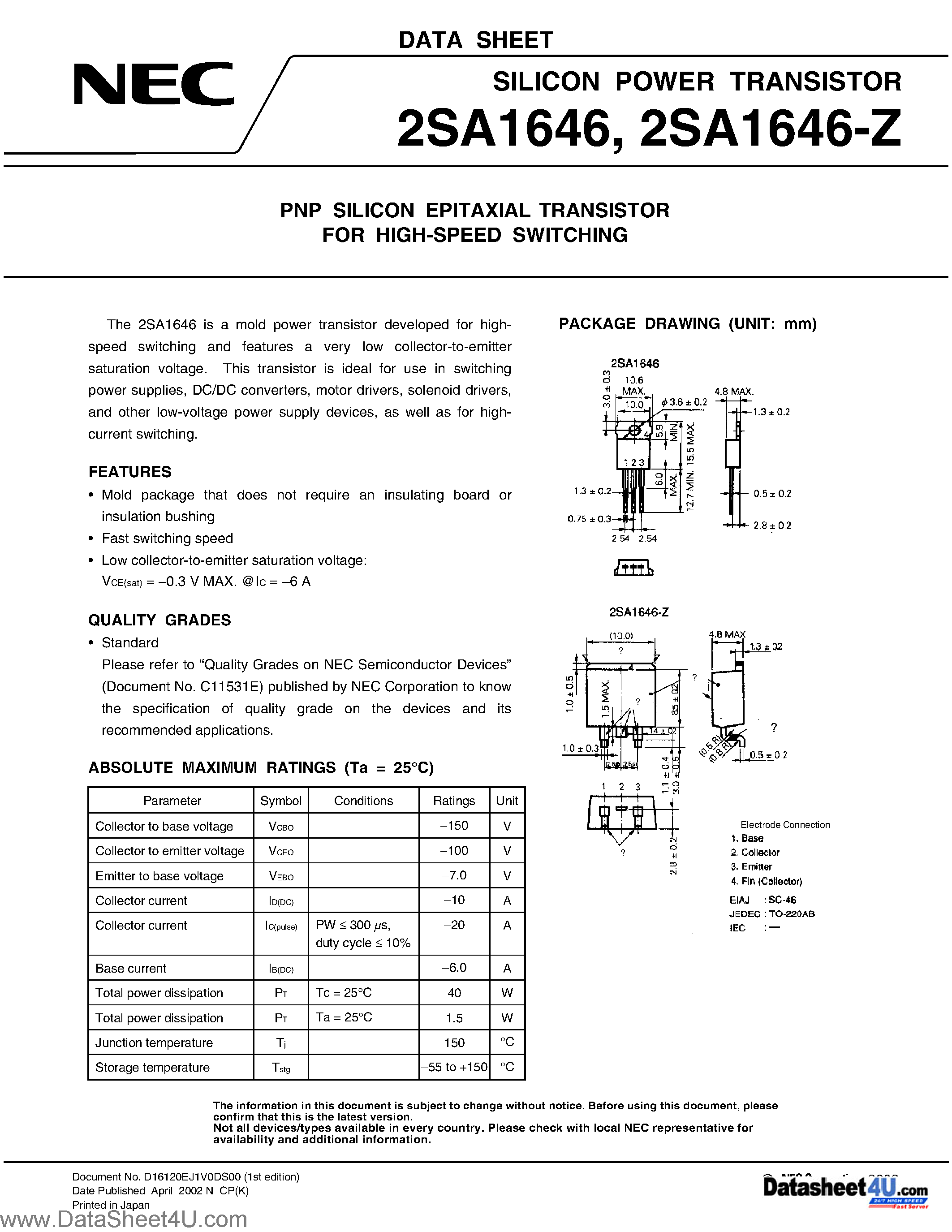Datasheet 2SA1646 - PNP SILICON EPITAXIAL TRANSISTOR FOR HIGH-SPEED SWITCHING page 1