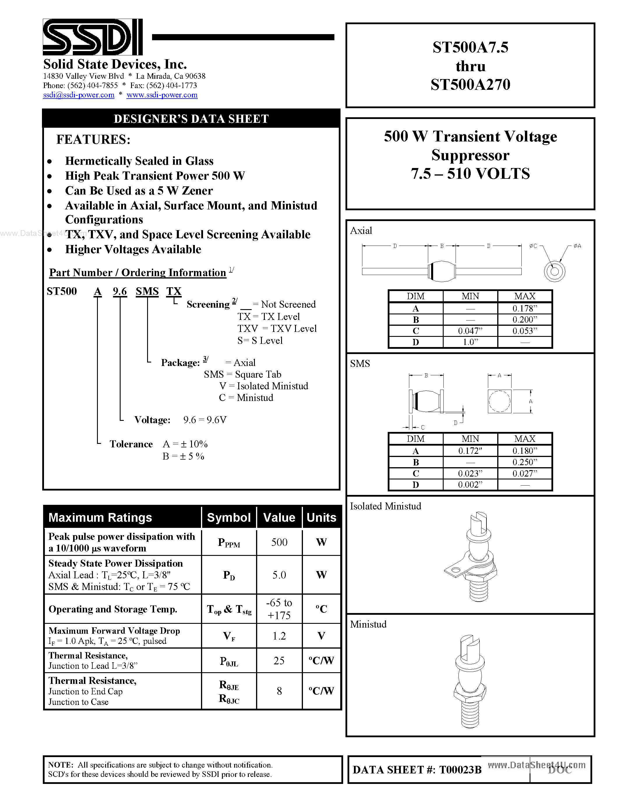 Datasheet ST500A270 - (ST500Axxx) 500 W Transient Voltage Suppressor page 1