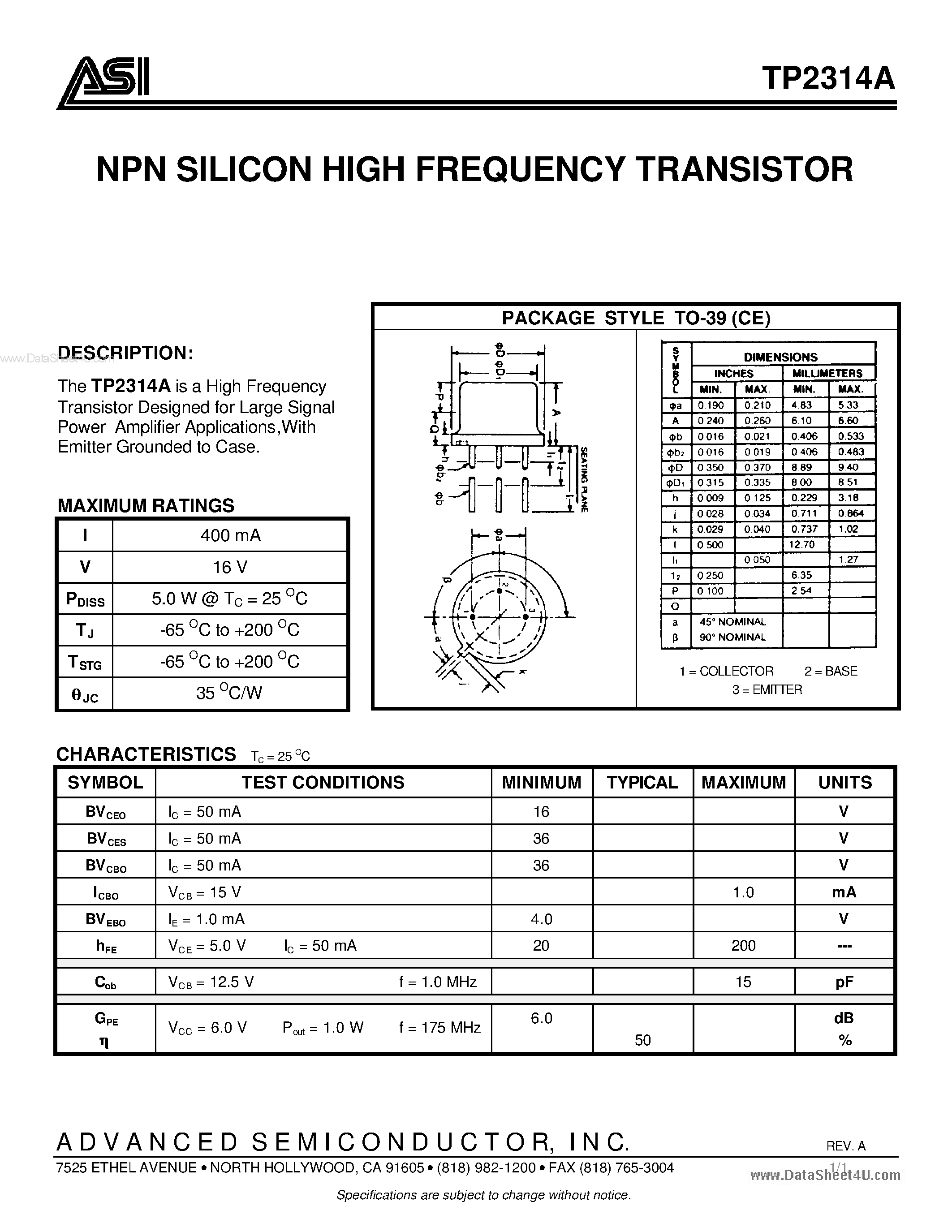 Даташит TP2314A - NPN SILICON HIGH FREQUENCY TRANSISTOR страница 1