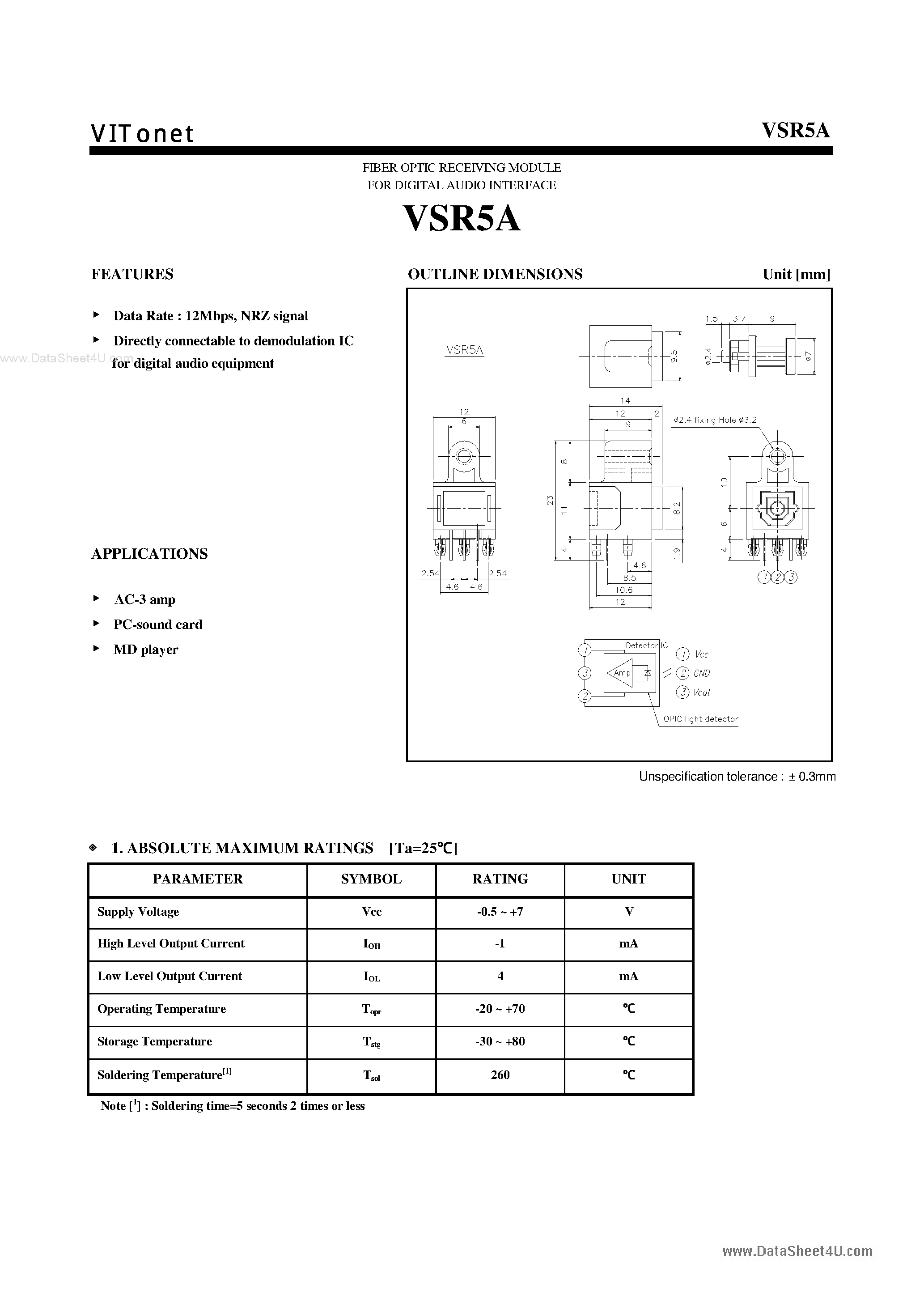 Datasheet VSR5A - (VSR5A/B) Fiber Optic Receiving Module page 2
