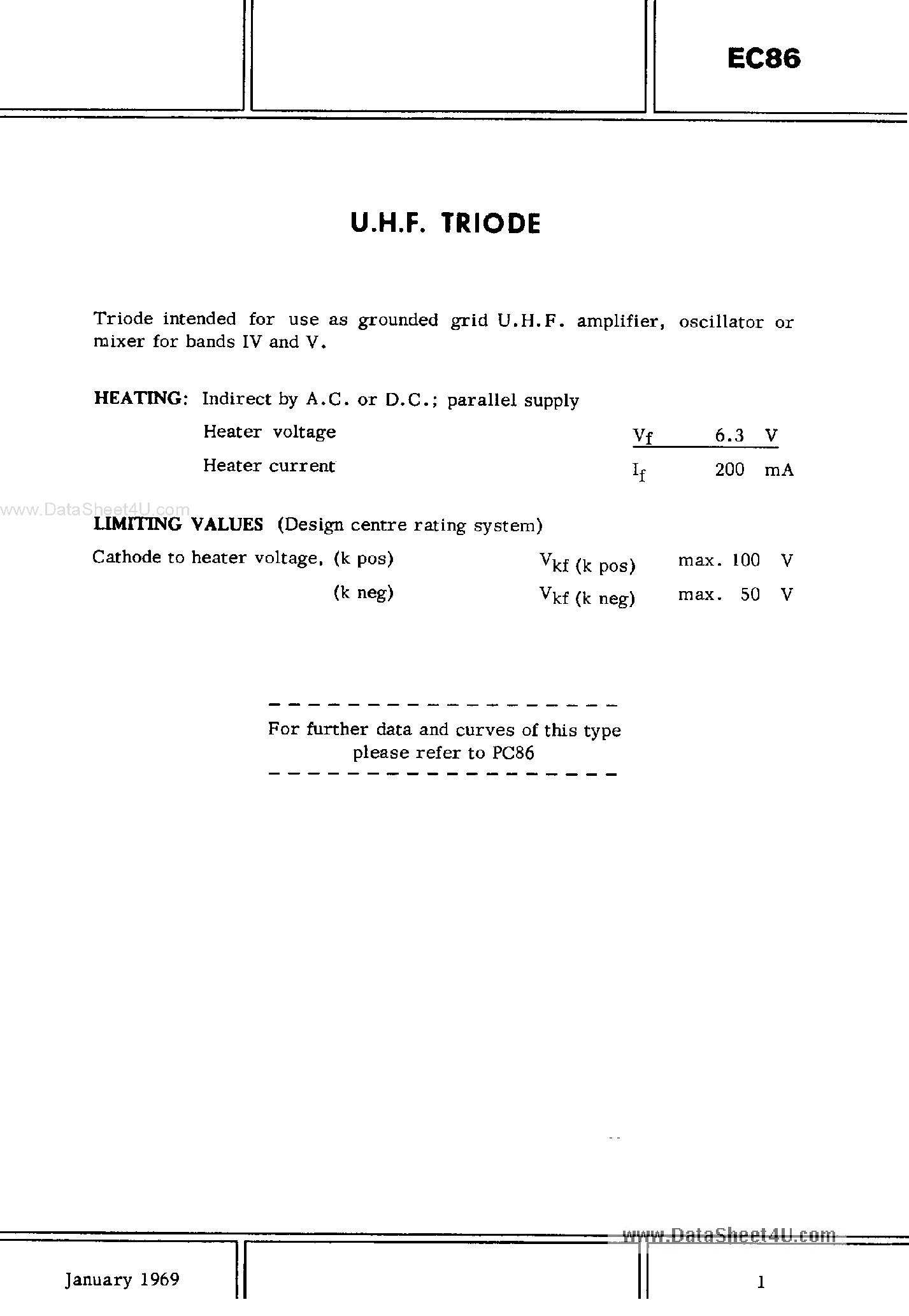 Datasheet EC86 - U.H.F TRIODE page 1
