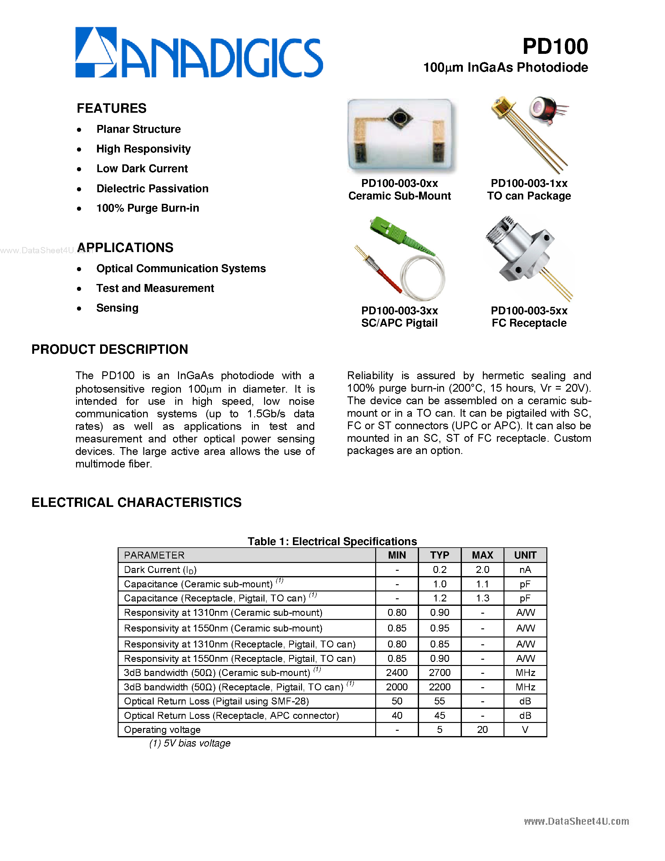 Datasheet PD100 - InGaAs Photodiode page 1