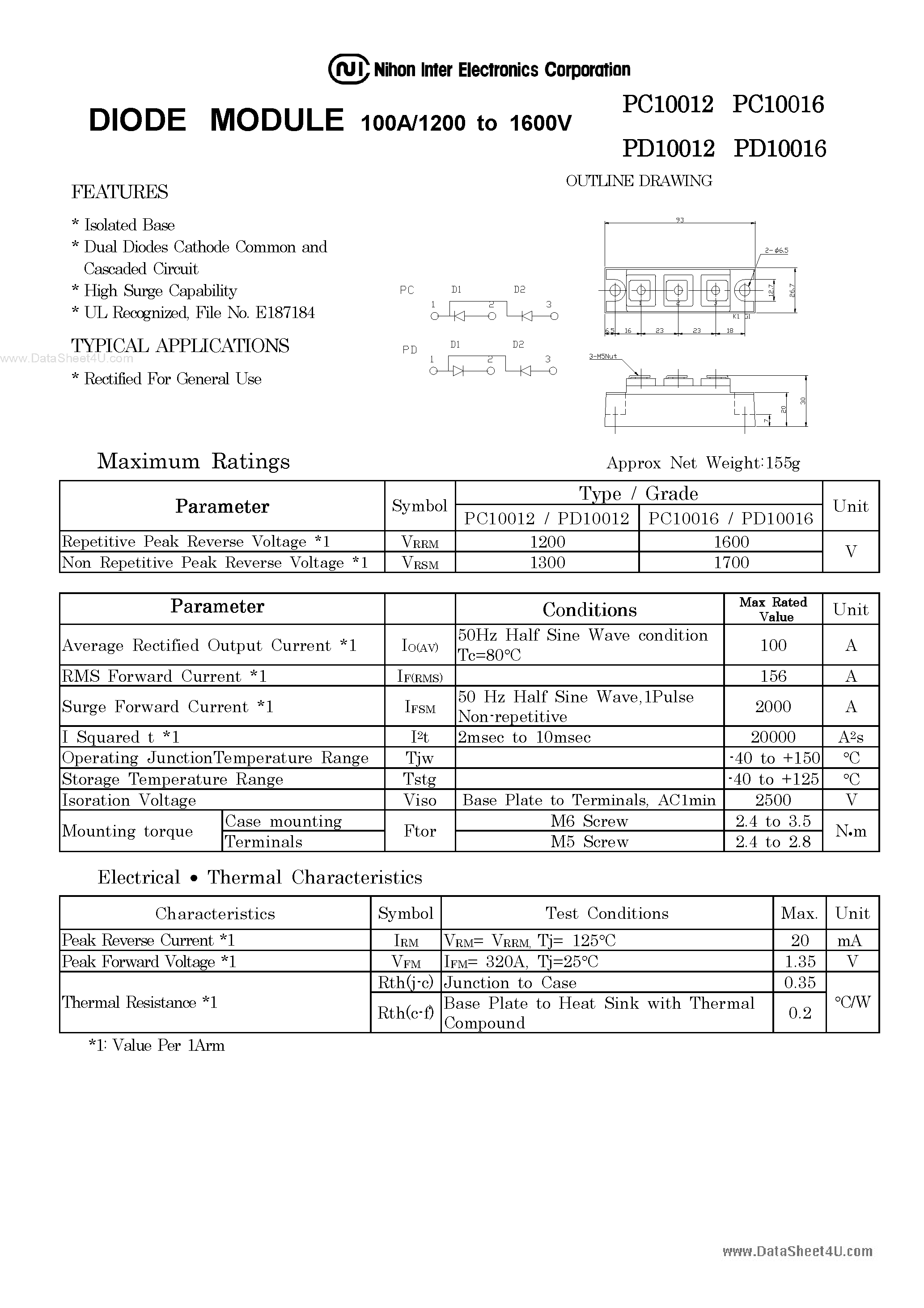 Datasheet PD10012 - (PD10012 / PD10016) DIODE MODULE page 1