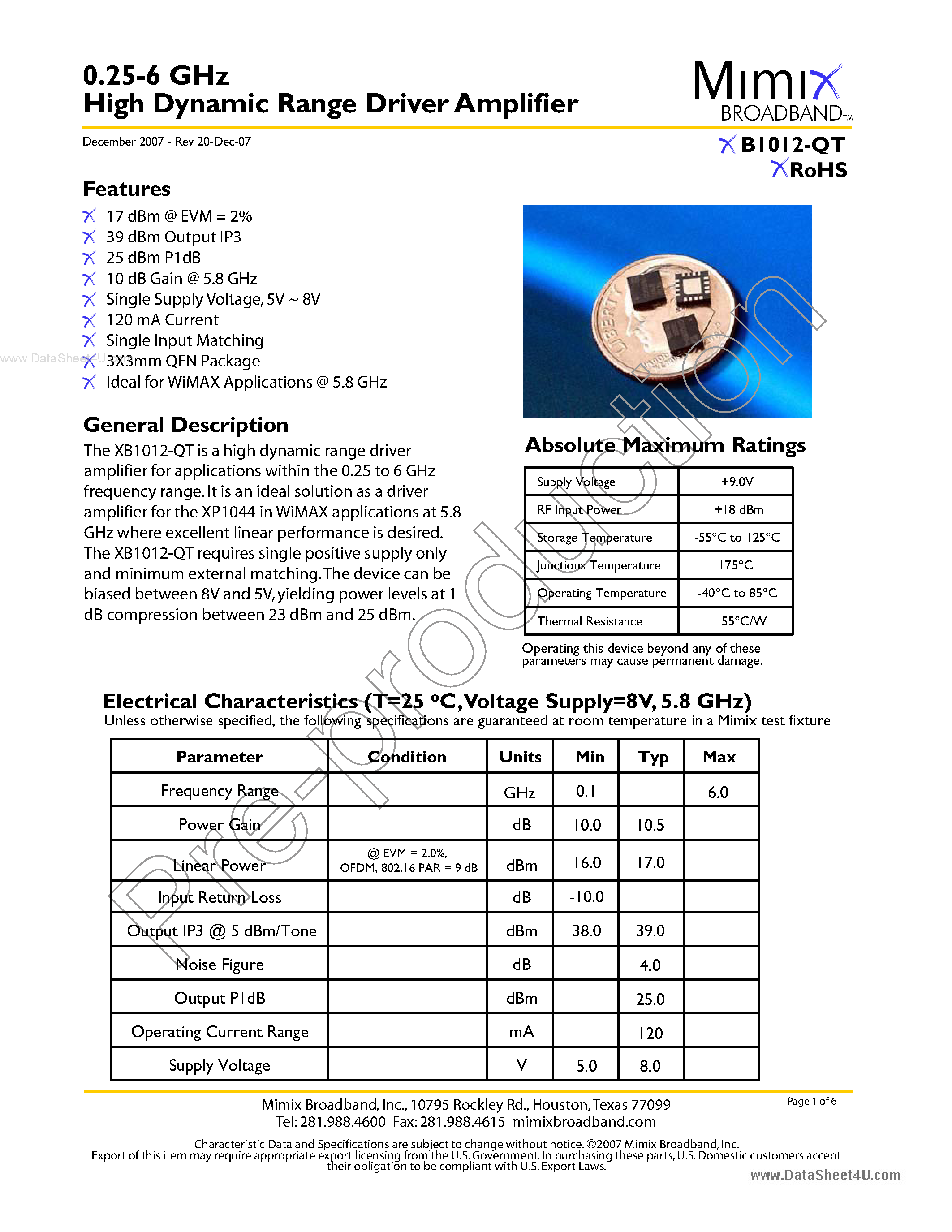 Datasheet XB1012-QT - 0.25-6 GHz High Dynamic Range Driver Amplifier page 1