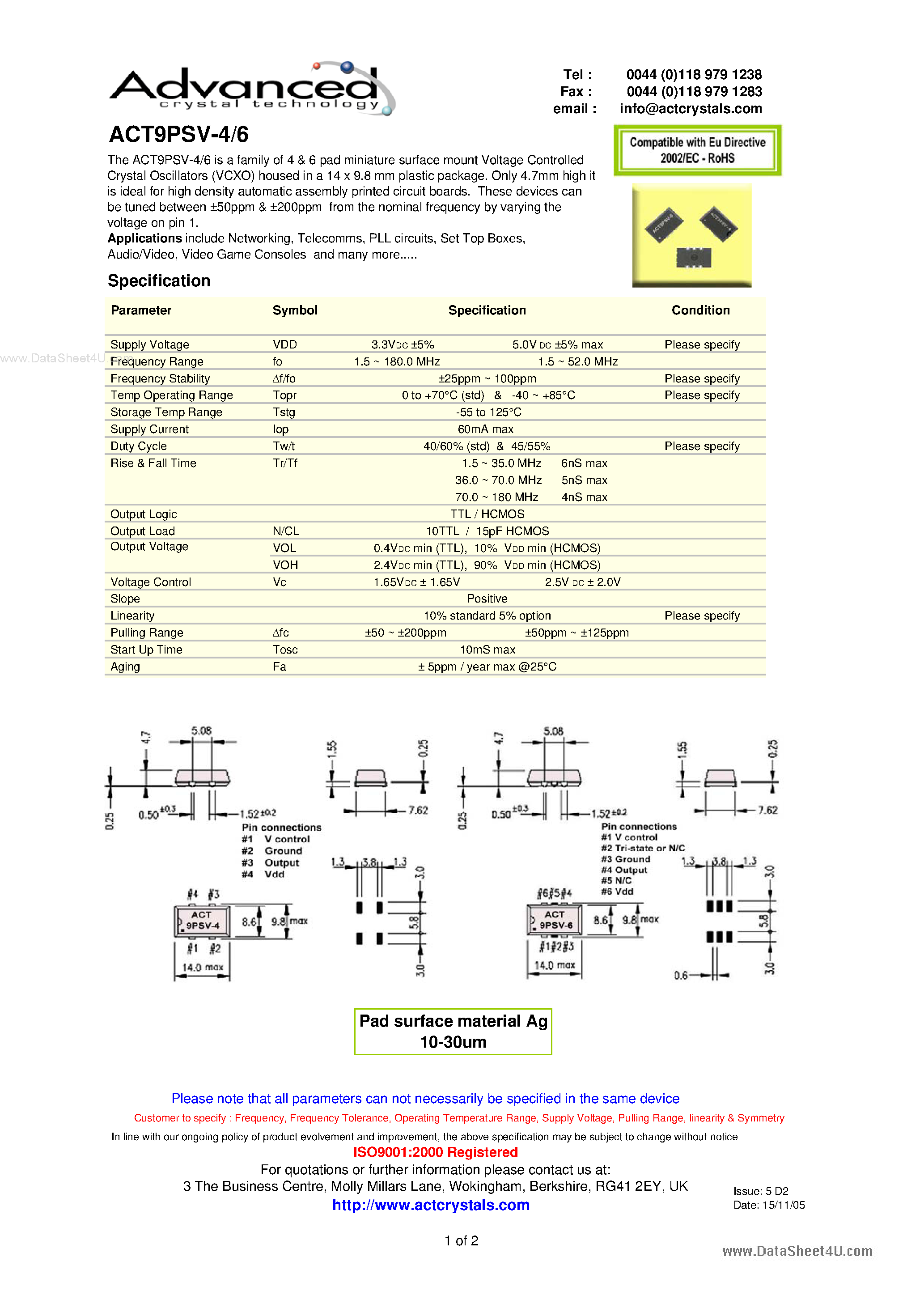 Даташит ACT9PSV-4 - 4 & 6 pad miniature surface mount Voltage Controlled Crystal Oscillators страница 1