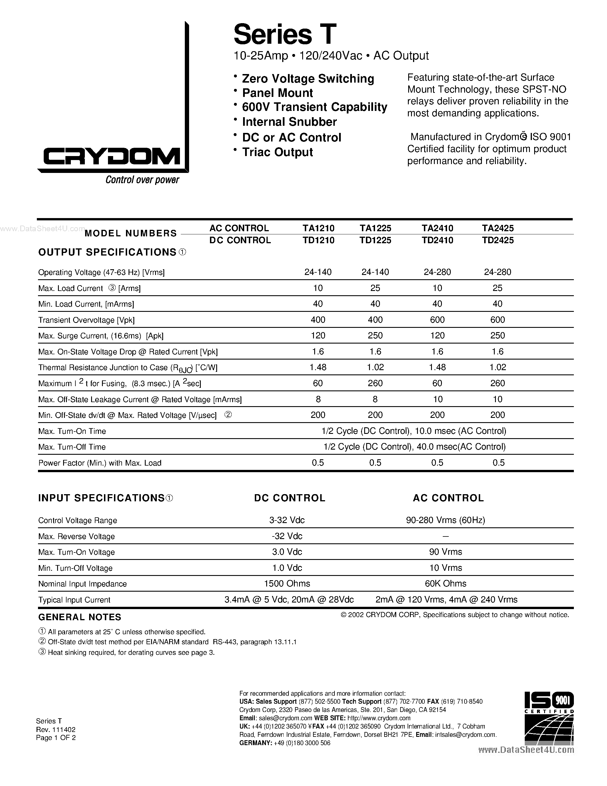 Datasheet TD2410 - (TD2410 / TD2425) Zero Cross0.04-25 Amps RMS24-280 Volts RMS3-32 Control - Volts DC page 1