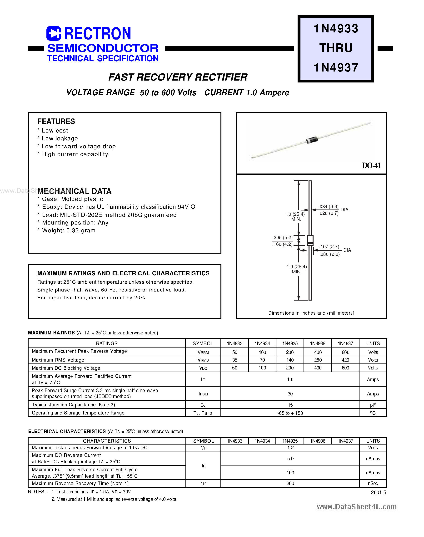 Datasheet IN4933 - (IN4933 - IN4937) FAST RECOVERY RECTIFIER page 1