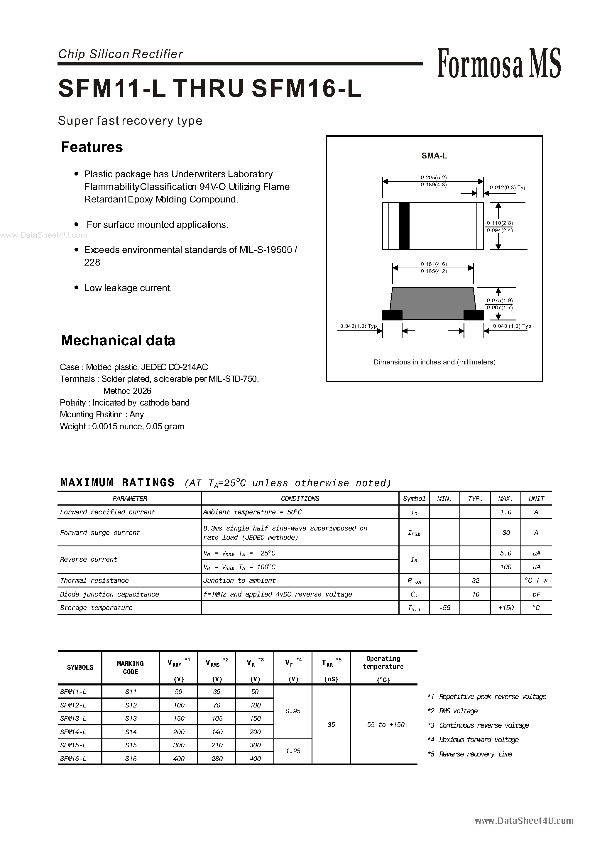 Datasheet SFM11-L - (SFM11-L - SFM16-L) Chip Silicon Rectifier page 1
