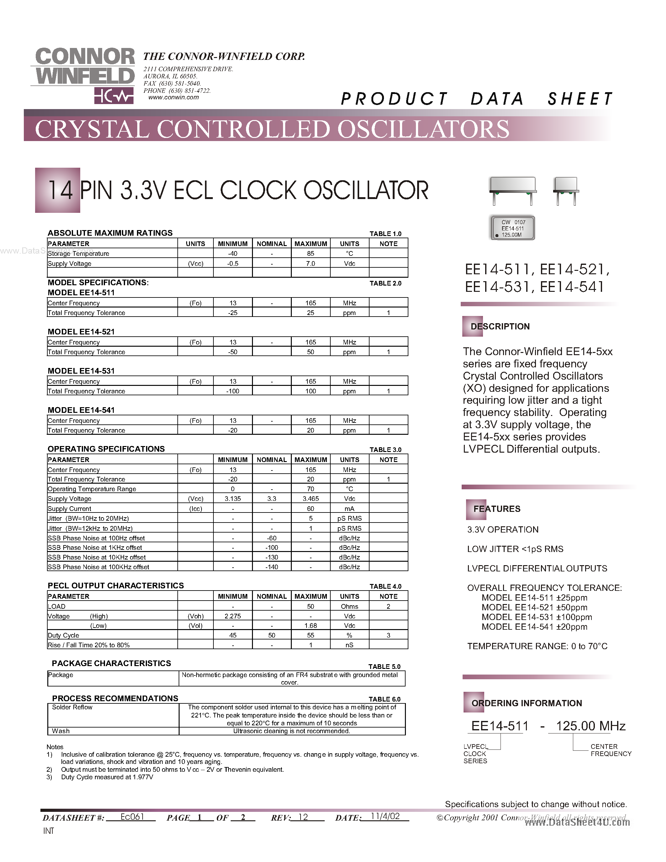 Datasheet EE14-511 - CRYSTAL CONTROLLED page 1