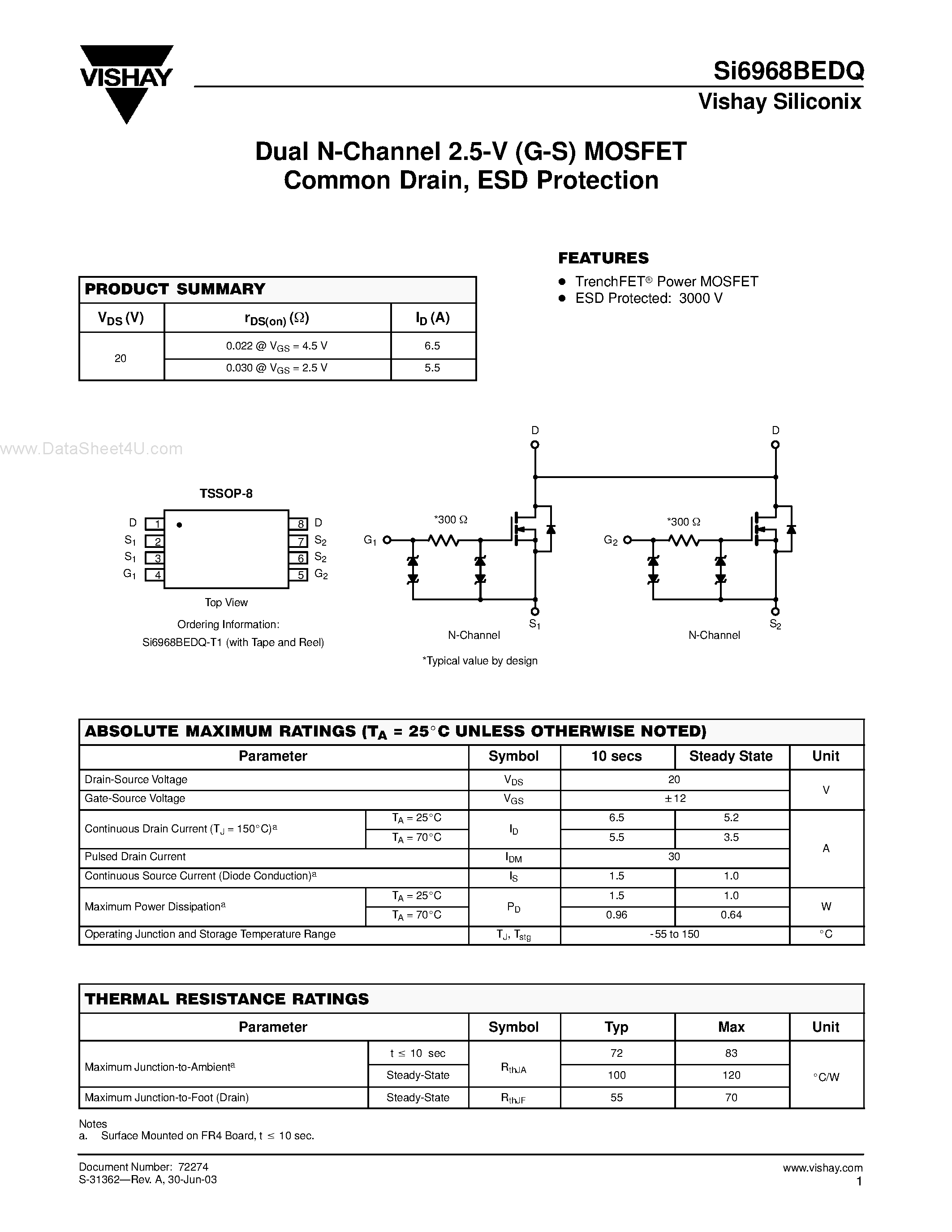 Даташит SI6968BEDQ - Dual N-Channel 2.5-V (G-S) MOSFET Common Drain страница 1